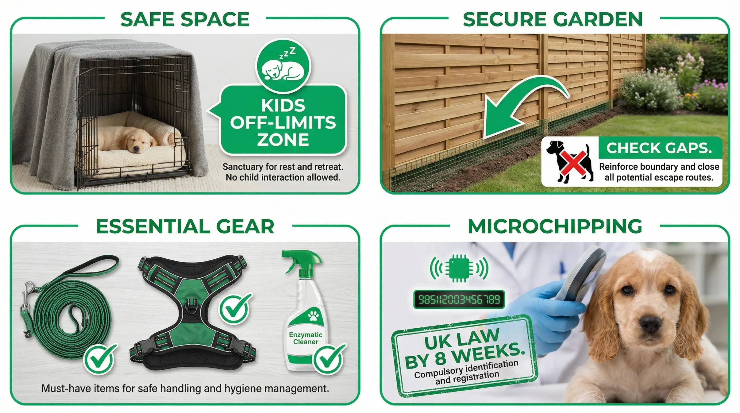 Best family dogs UK infographic showing crate safe space, secure garden, essential gear and microchipping by law