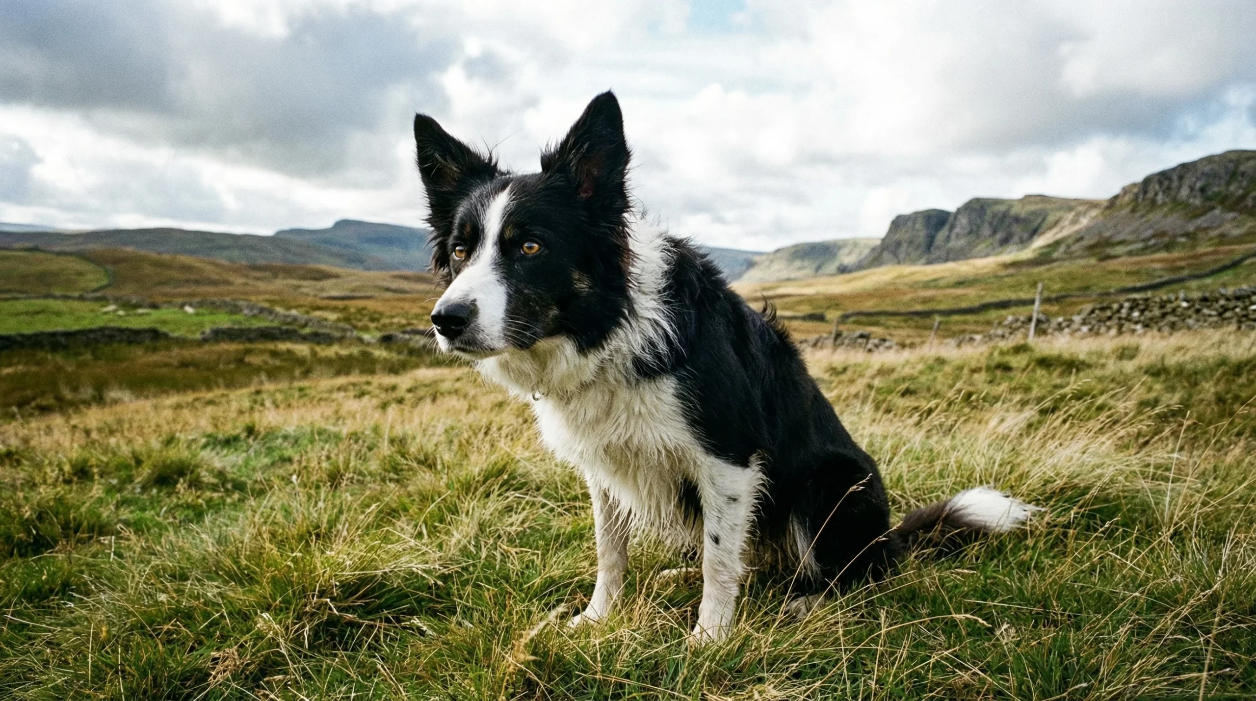 Border Collie – Active Family Dog for Outdoor UK Families Border Collie sitting in open countryside, an active family dog suited to rural UK lifestyles