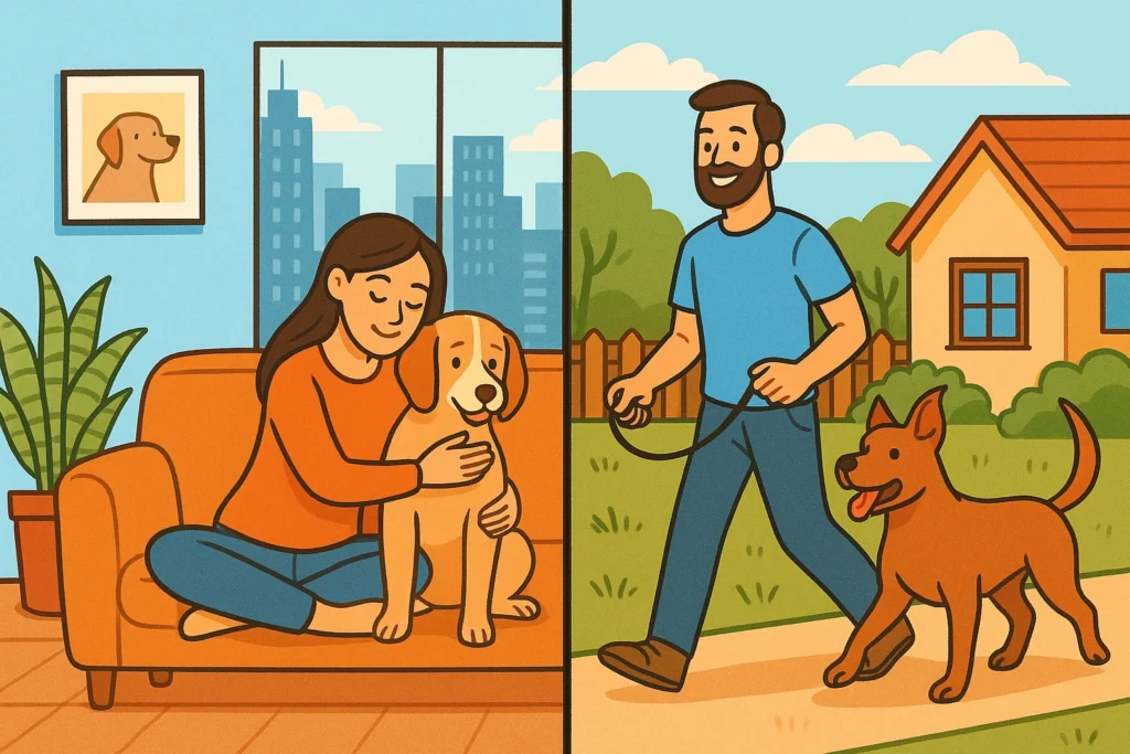 Choosing the right dog: illustrated comparison showing a male vs female dog in different home environments like a city apartment and a suburban yard.