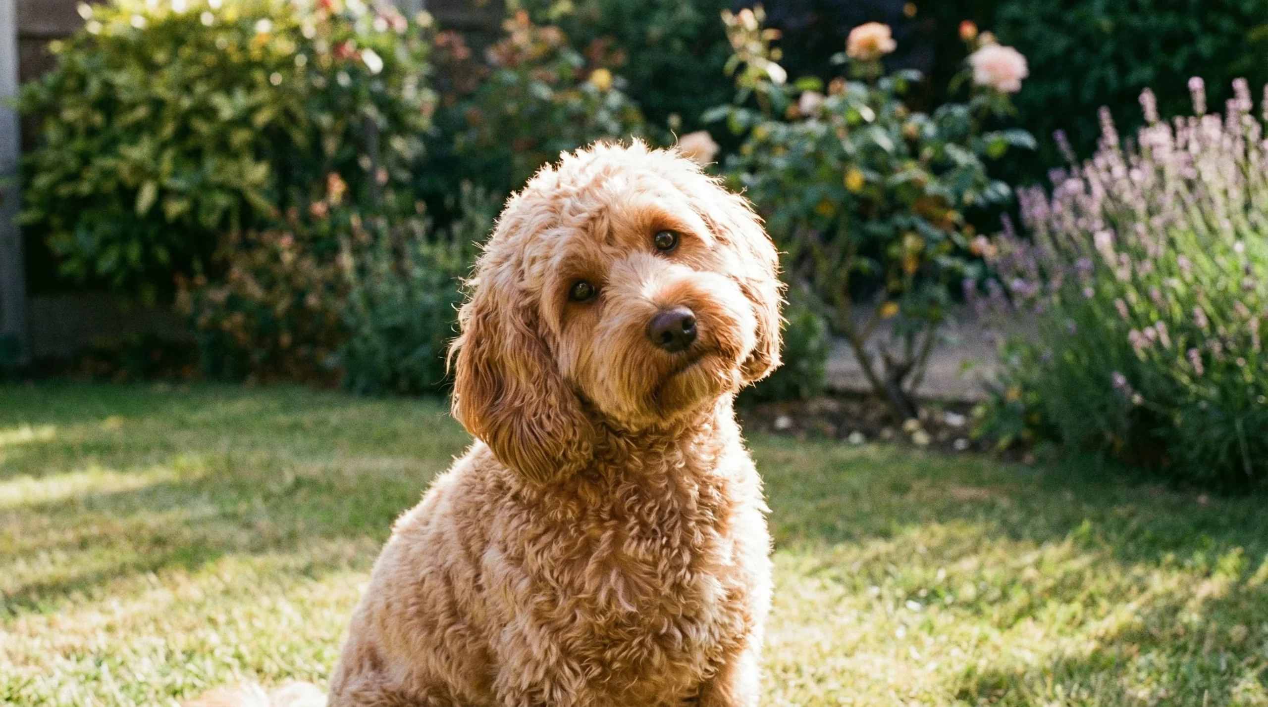 Cockapoo – Popular Low-Shedding Family Dog in the UK Cockapoo sitting in a garden, a popular low-shedding family dog for UK homes