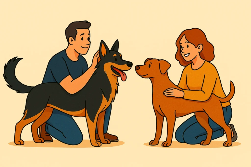 Male vs female dogs behavioural differences: illustrated side-by-side comparison of two dogs showing different postures and expressions.