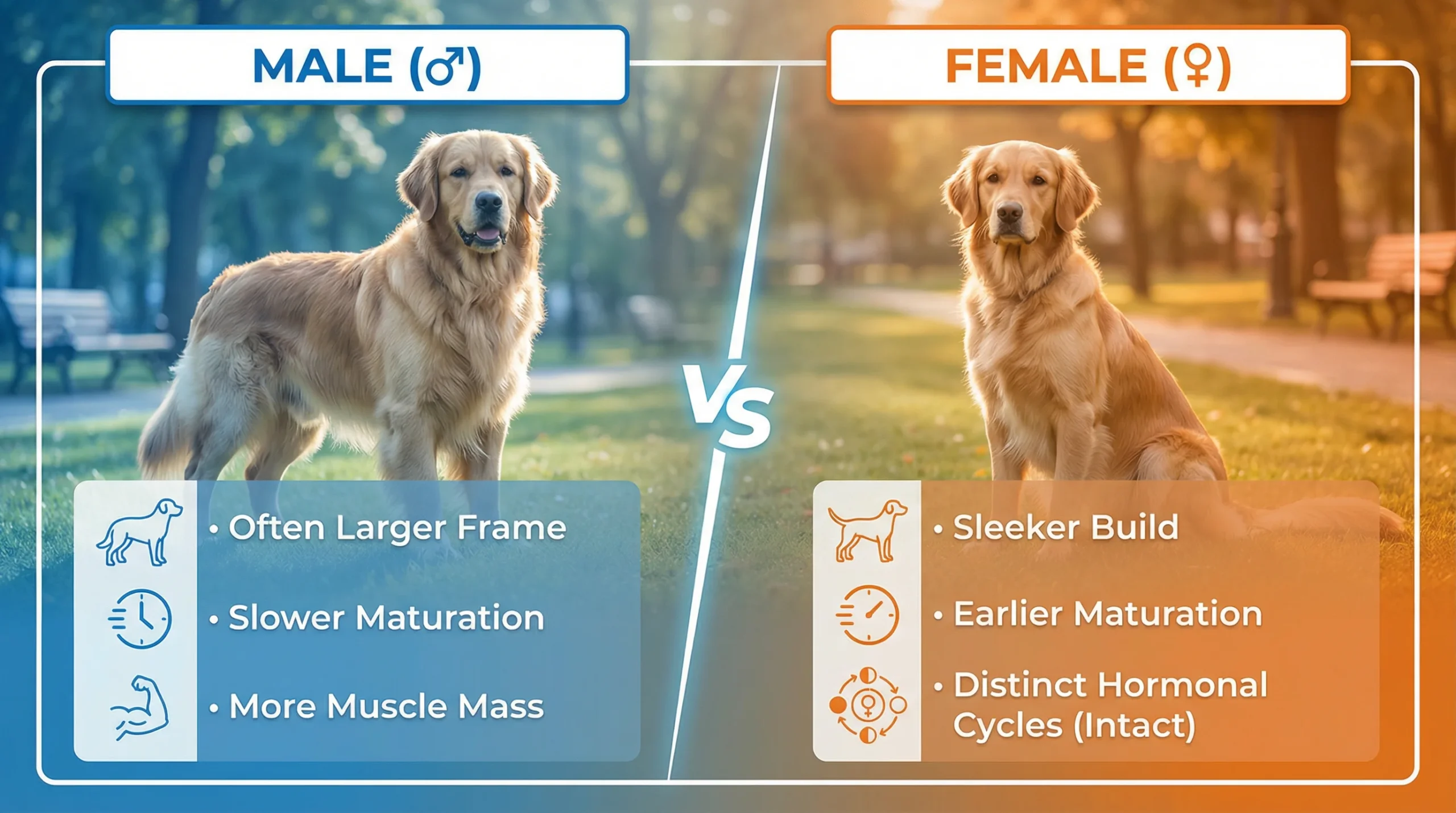 Male vs Female Dogs: Visual Comparison Example Male vs female dogs comparison showing general size, maturity and hormonal differences using Golden Retrievers as an example
