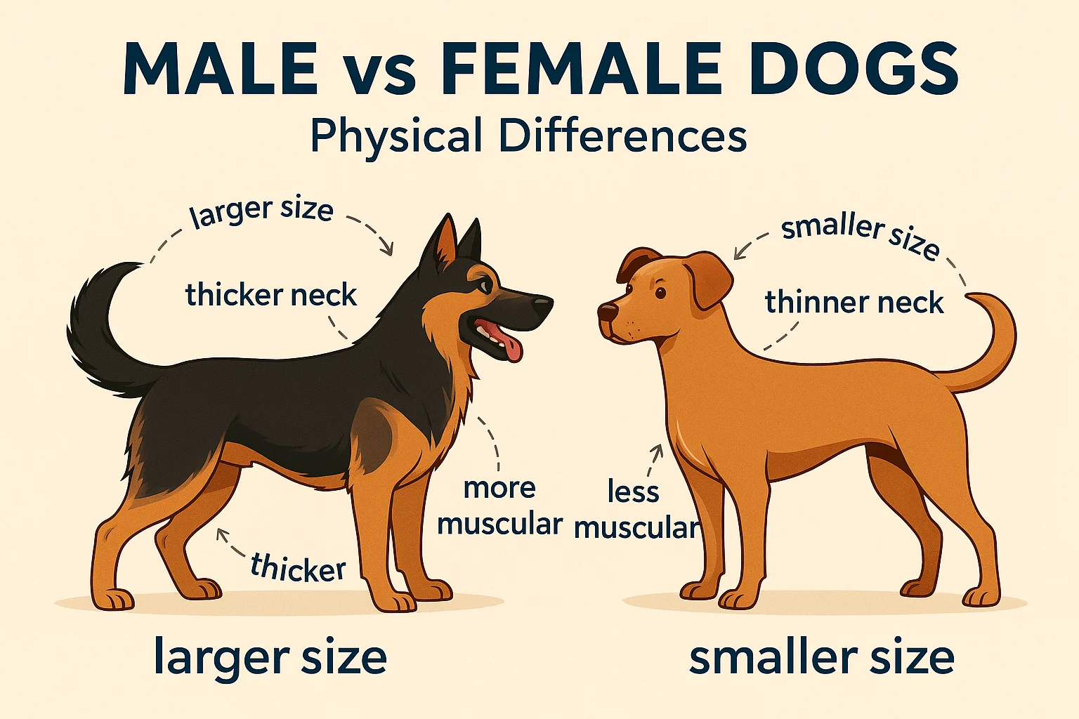 Male vs female dogs differences: illustrated comparison showing physical traits like size, neck thickness, and muscle structure.