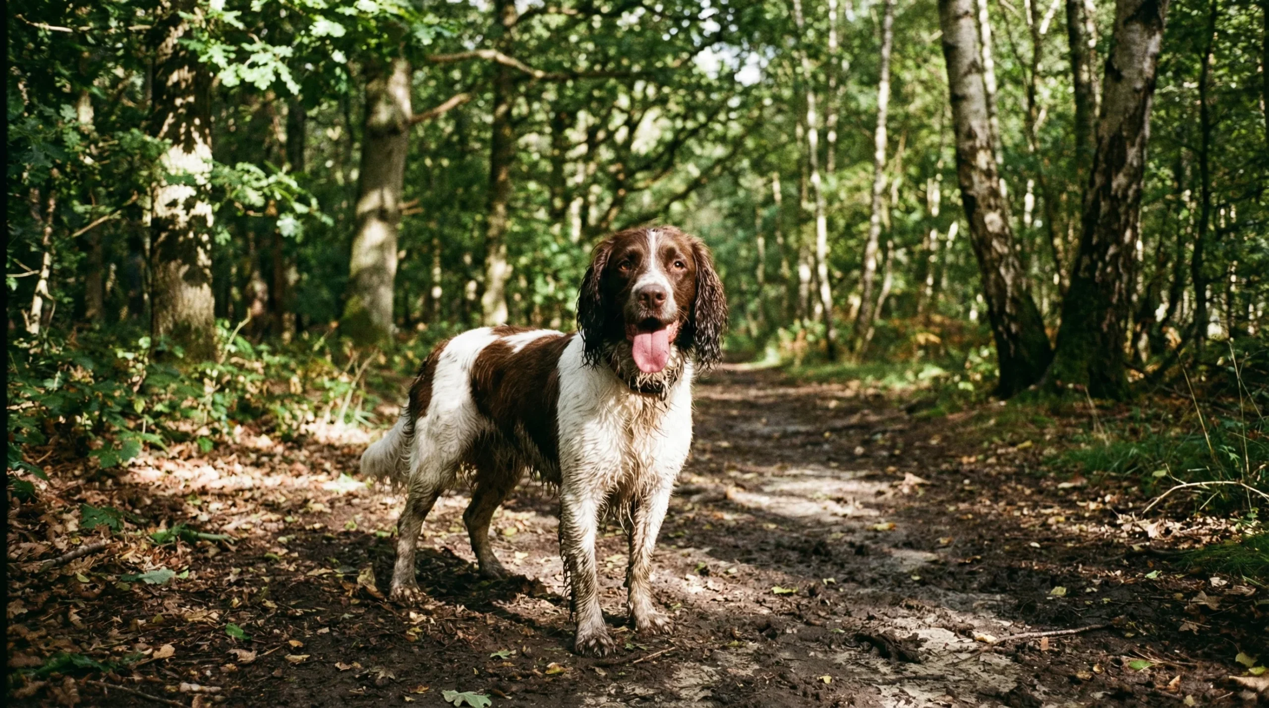 Springer Spaniel – Energetic Family Dog for Active UK Homes Springer Spaniel standing on a woodland path, a high-energy family dog in the UK