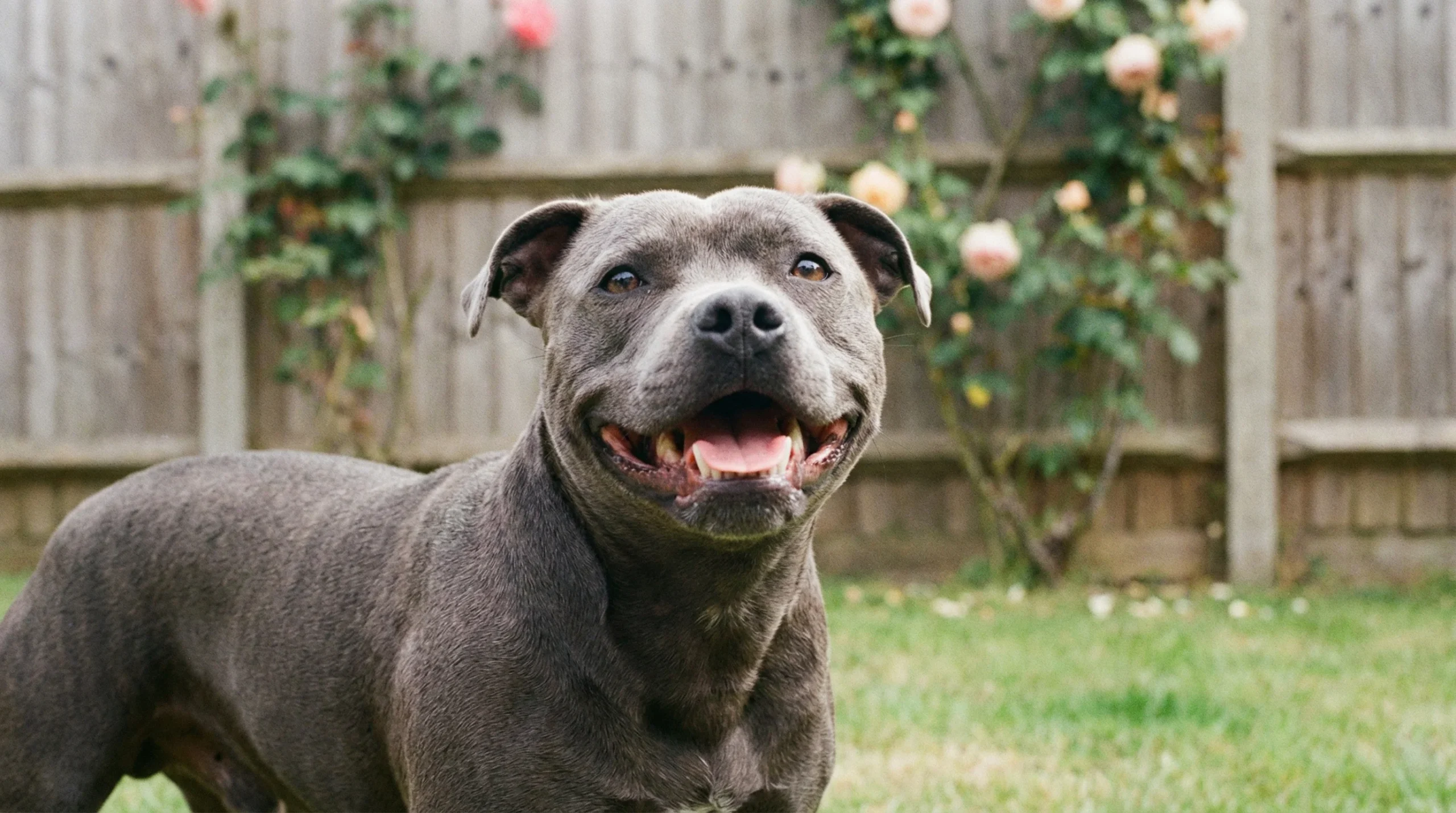 Staffordshire Bull Terrier – Loyal Family Dog in the UK Staffordshire Bull Terrier in a garden, known as a loyal and people-focused family dog in the UK