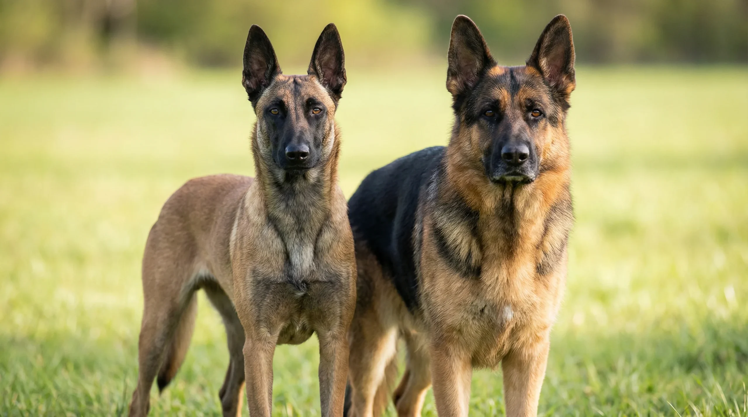 Belgian Malinois dog vs German Shepherd standing side by side in an outdoor setting