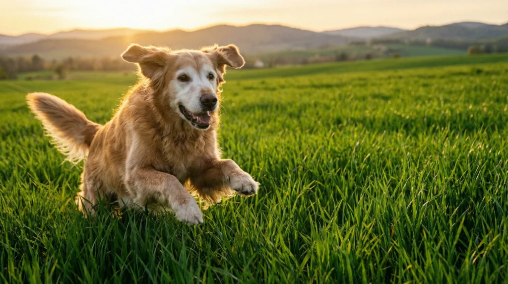 A happy senior Golden Retriever running freely in a green field at sunset, illustrating the improved mobility and vitality from using the best dog joint supplements.
