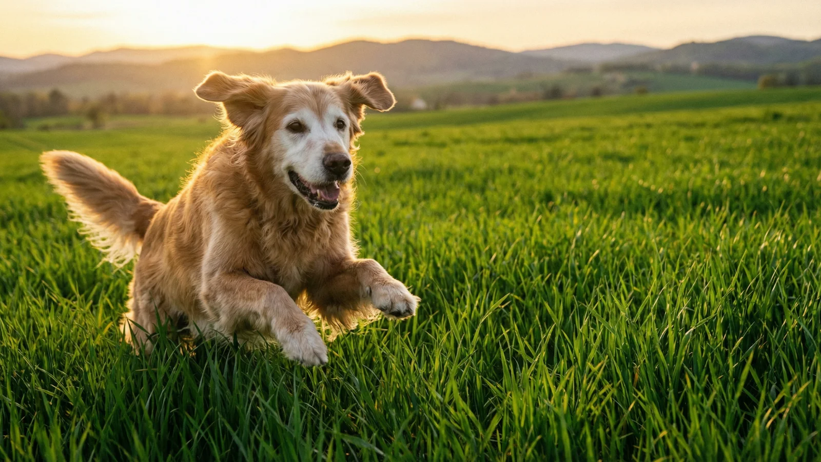 A happy senior Golden Retriever running freely in a green field at sunset, illustrating the improved mobility and vitality from using the best dog joint supplements.