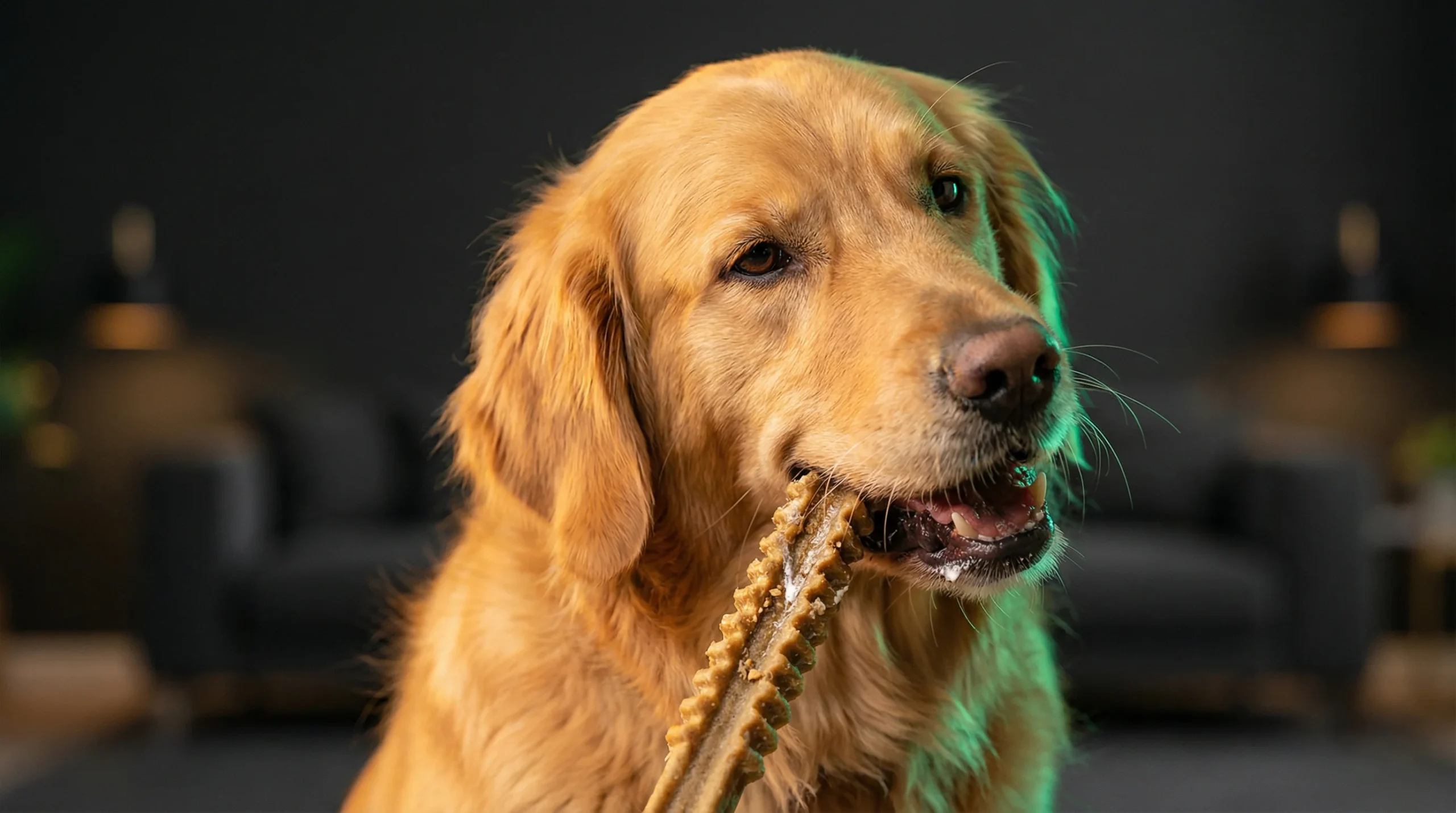 Best dog plaque removers shown with a Golden Retriever chewing a dental chew for plaque control