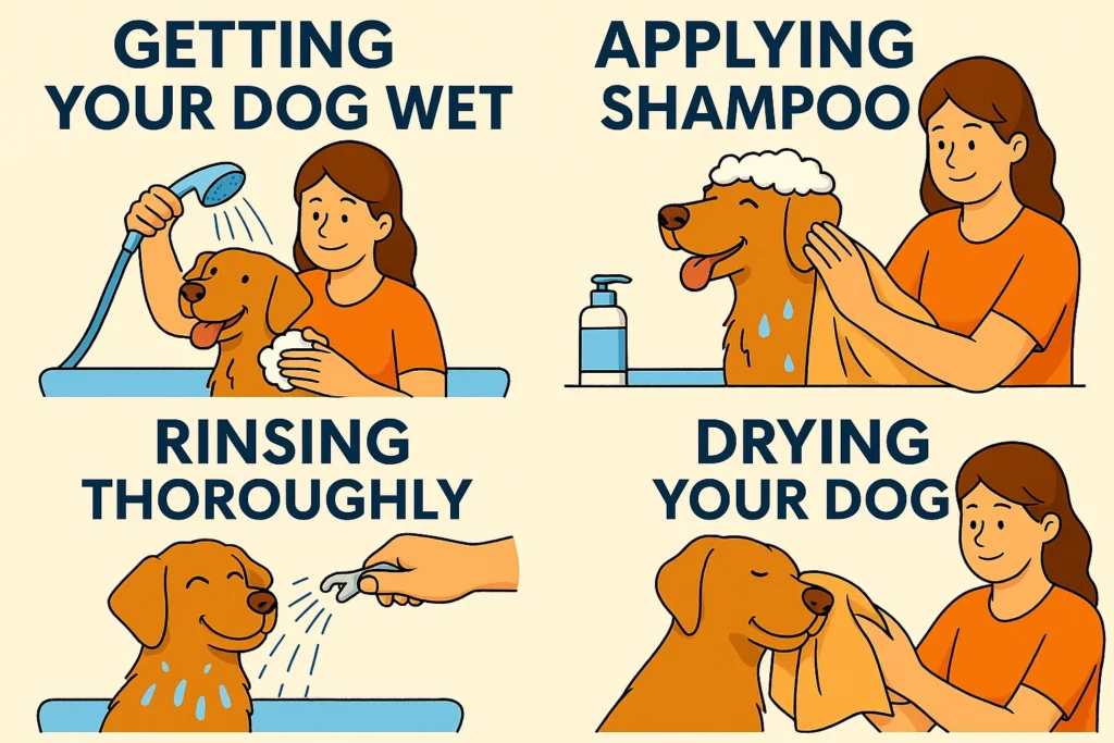 Best Dog Shampoo - Step-by-step bathing guide including getting your dog wet, applying shampoo, rinsing thoroughly, and drying your dog