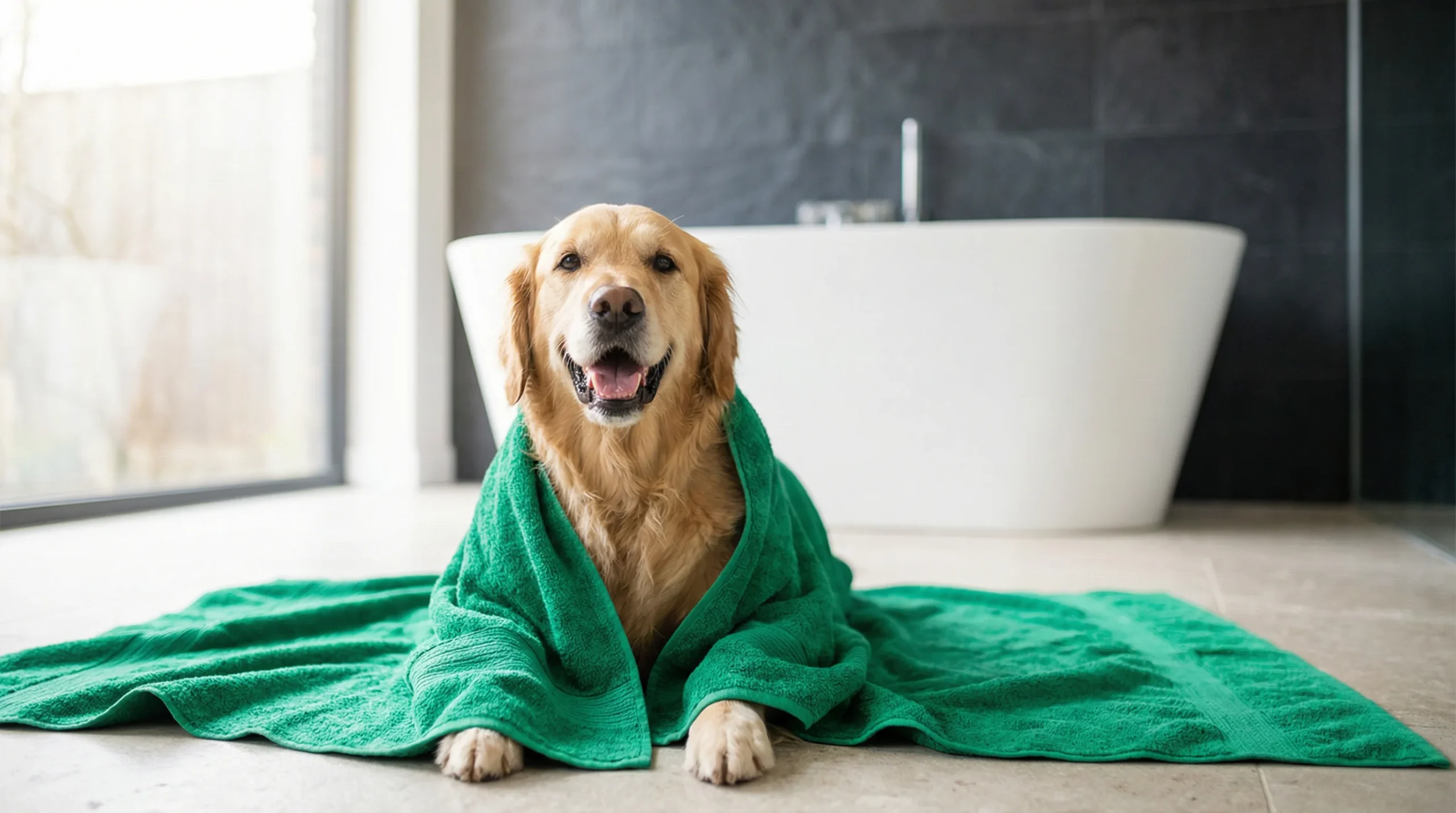 A happy Golden Retriever wrapped in a soft green towel after being washed with the best dog shampoo for sensitive skin.