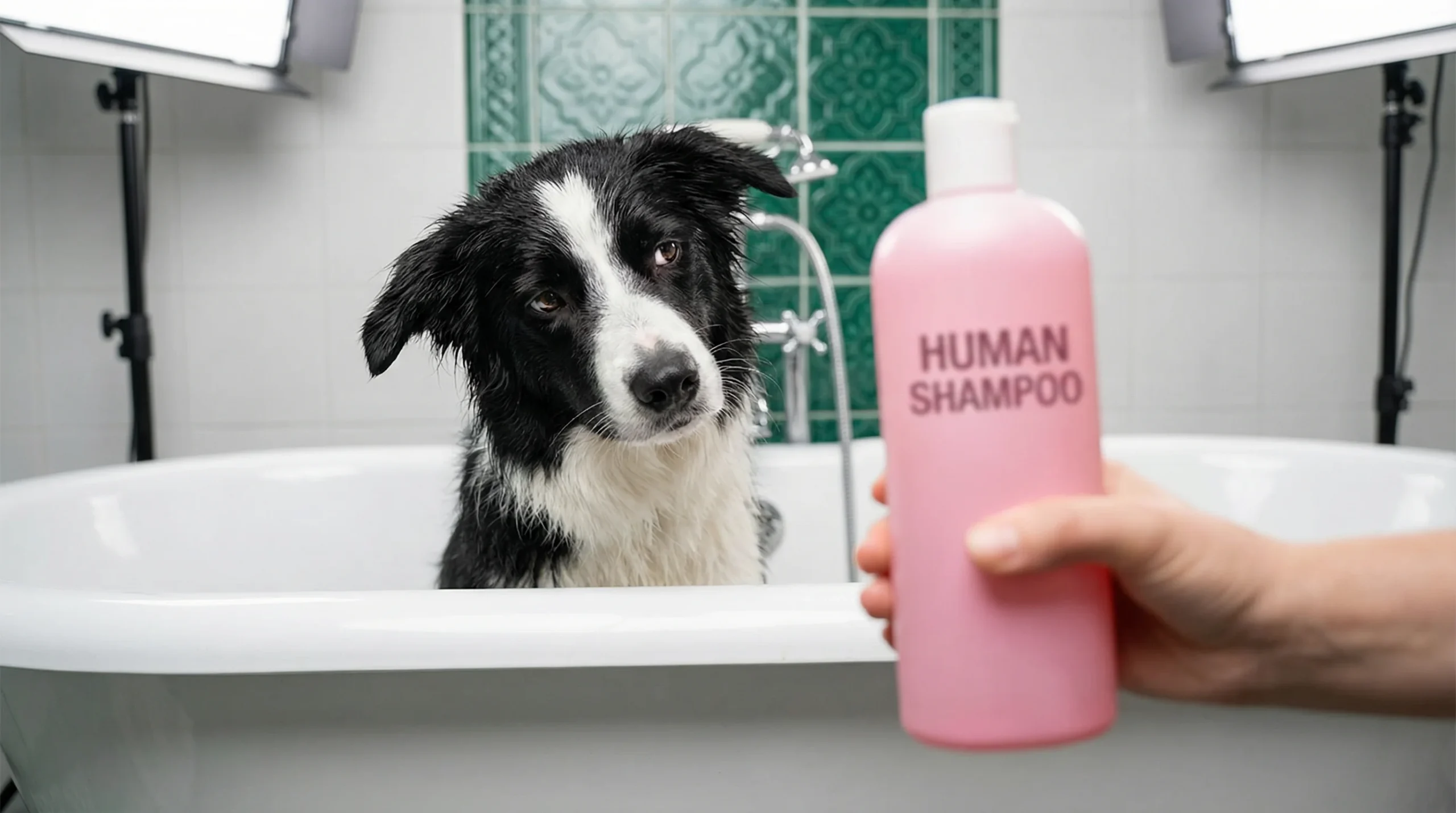 Dog looking skeptical at a bottle of human shampoo. A visual warning that human products are too acidic for dogs.