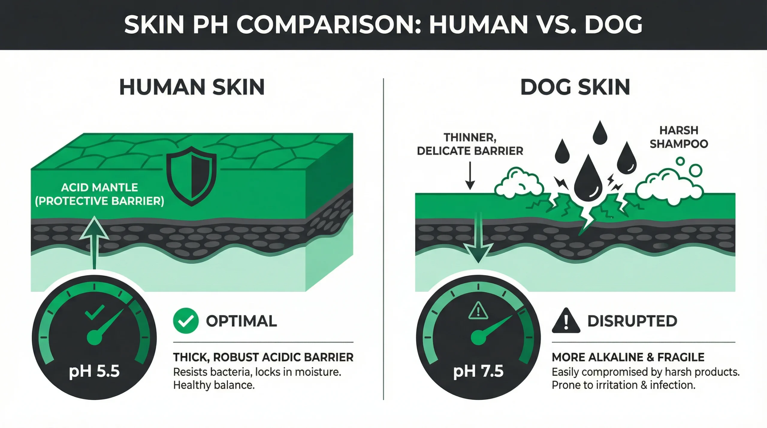 Can you use human shampoo on dogs? Skin pH comparison showing acidic human skin vs alkaline dog skin and damaged acid mantle