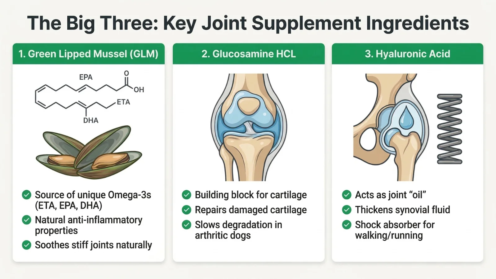Infographic comparing the benefits of Green Lipped Mussel, Glucosamine HCL, and Hyaluronic Acid for dog joints.