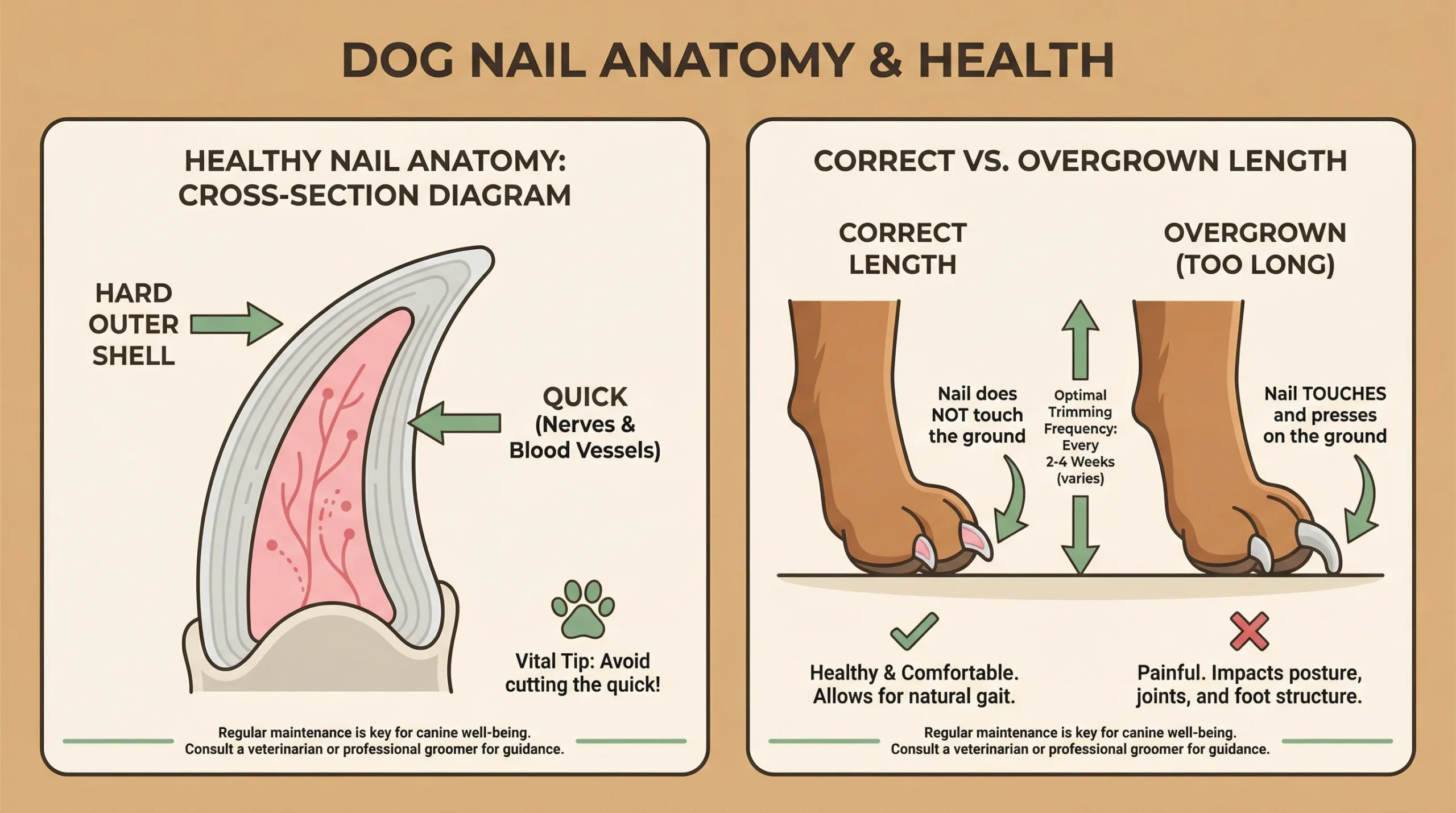 Dog Nail Anatomy and Correct Nail Length Explained Dog nail anatomy showing the quick, hard outer shell, and correct versus overgrown nail length for safe trimming