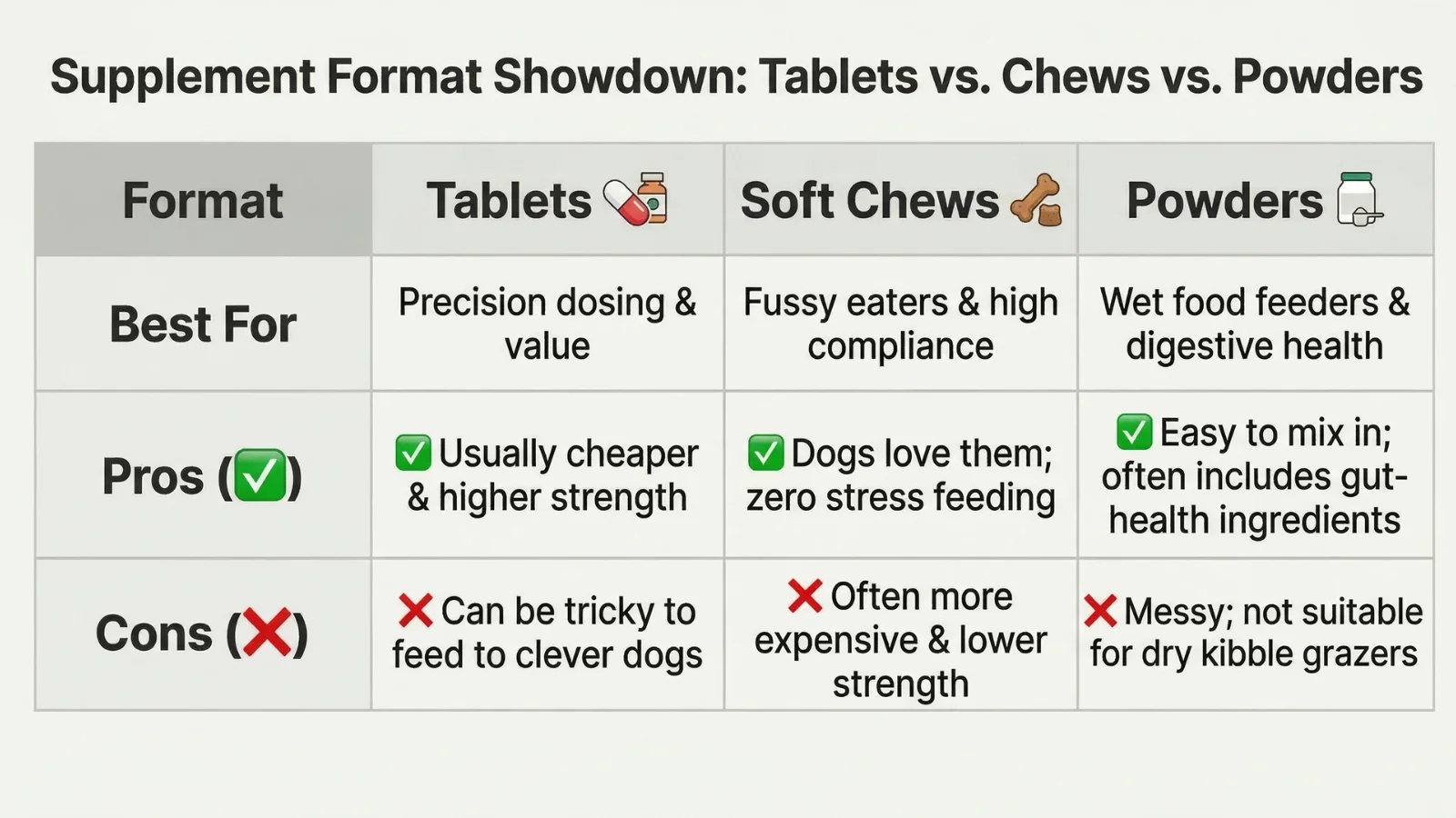 Comparison table of dog supplement formats: Tablets, Soft Chews, and Powders, showing pros and cons for each.