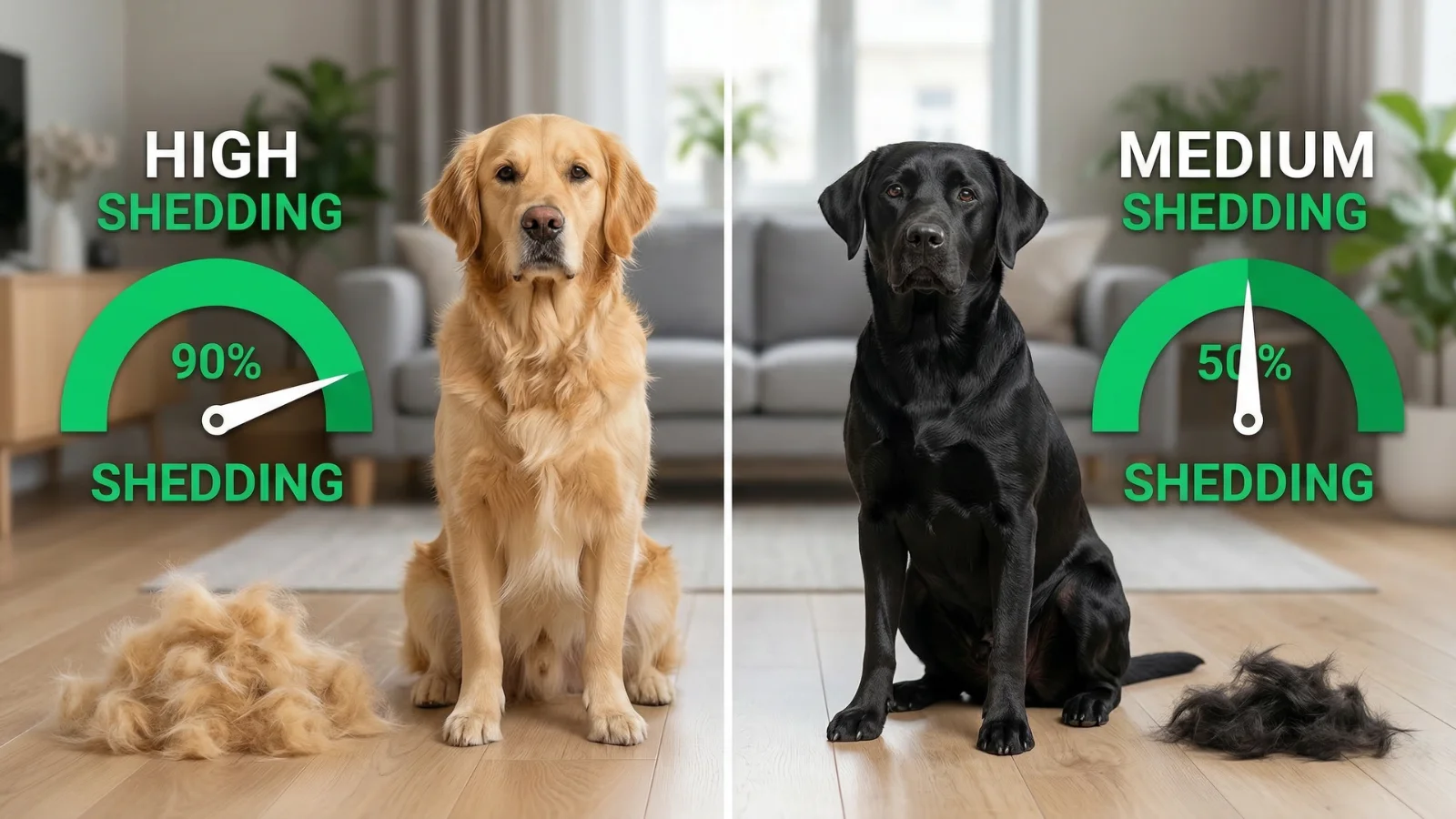 Shedding comparison infographic: Golden Retriever sitting next to a large pile of fur with a 'High Shedding 90%' gauge, versus a Black Labrador with a smaller fur pile and 'Medium Shedding 50%' gauge.