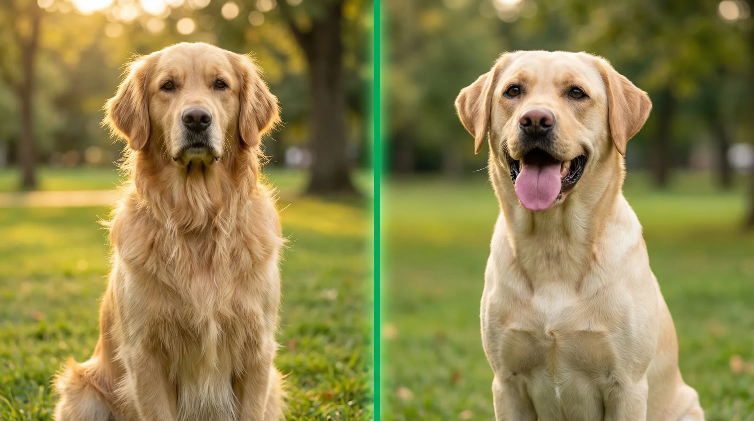 Golden Retriever vs Labrador side-by-side comparison showing a long-coated Golden on the left and a short-coated Yellow Lab on the right in a park setting.