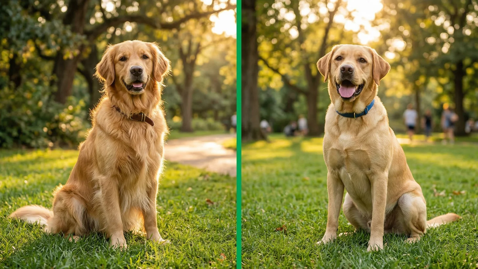 Golden Retriever vs Labrador side-by-side comparison showing a long-coated Golden on the left and a short-coated Yellow Lab on the right in a park setting.