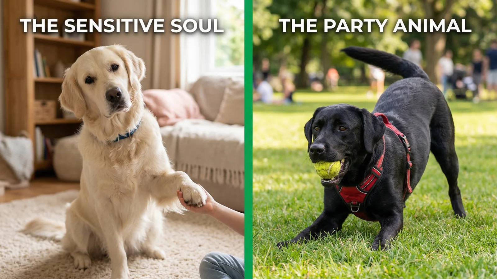 Golden Retriever vs Labrador temperament comparison showing a gentle Golden offering a paw (Sensitive Soul) versus a Black Lab in a playful bow (Party Animal).