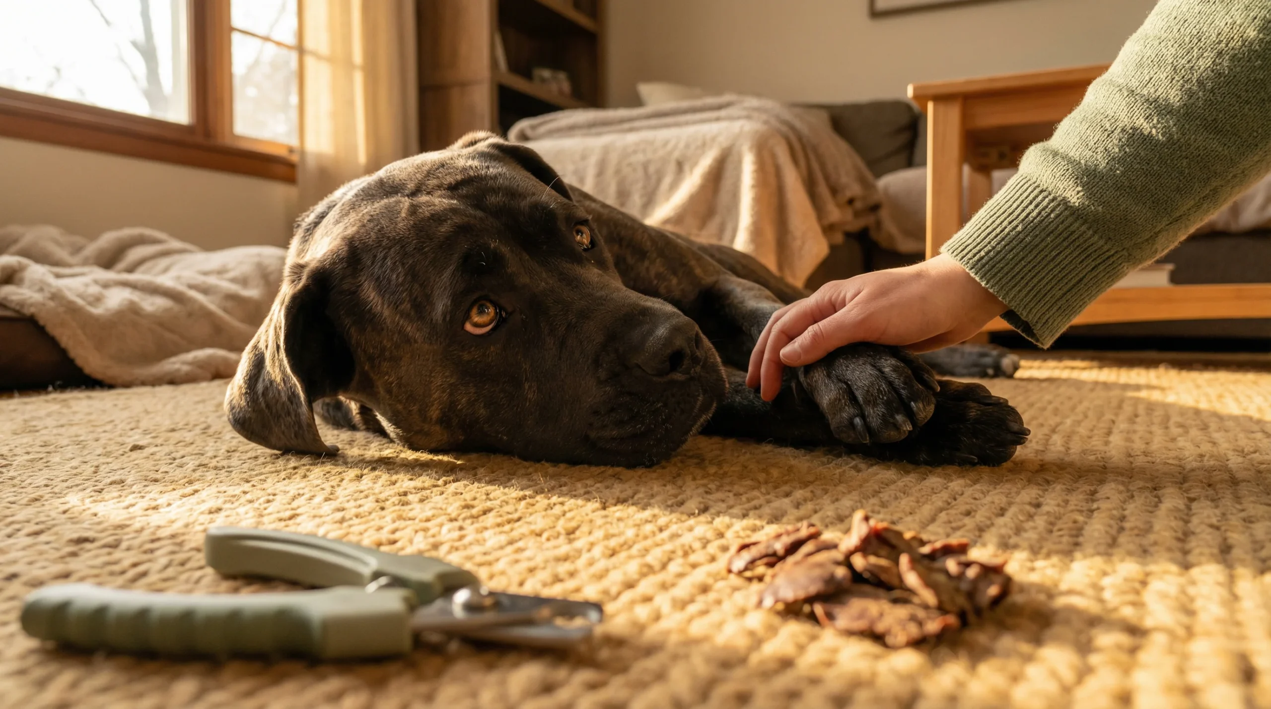 How to clip dog nails safely at home with a calm dog and nail clippers in a relaxed indoor setting