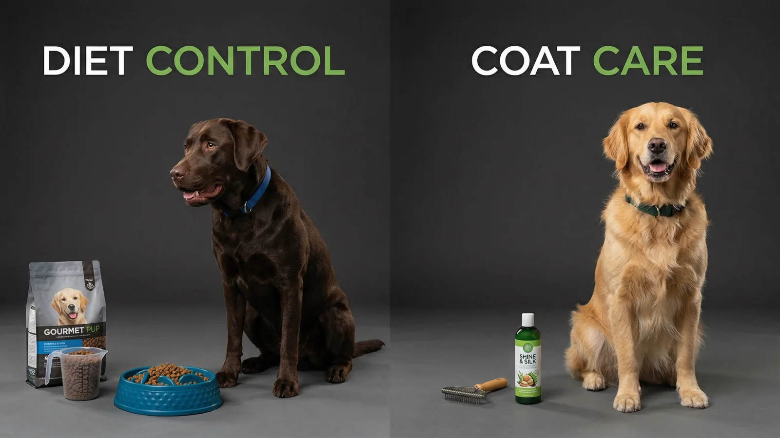 Health care priorities: Labrador with diet control tools to prevent obesity versus Golden Retriever with grooming supplies for skin health.