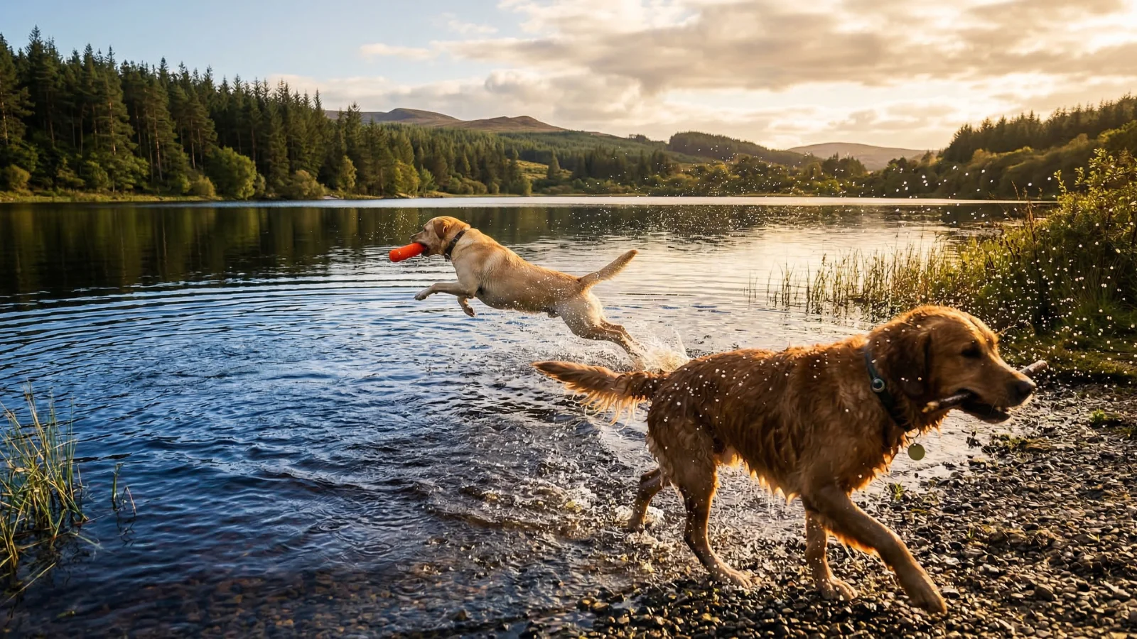 Exercise comparison showing a high-energy Yellow Labrador leaping into a lake for a dummy, while a Golden Retriever trots through the water carrying a stick.