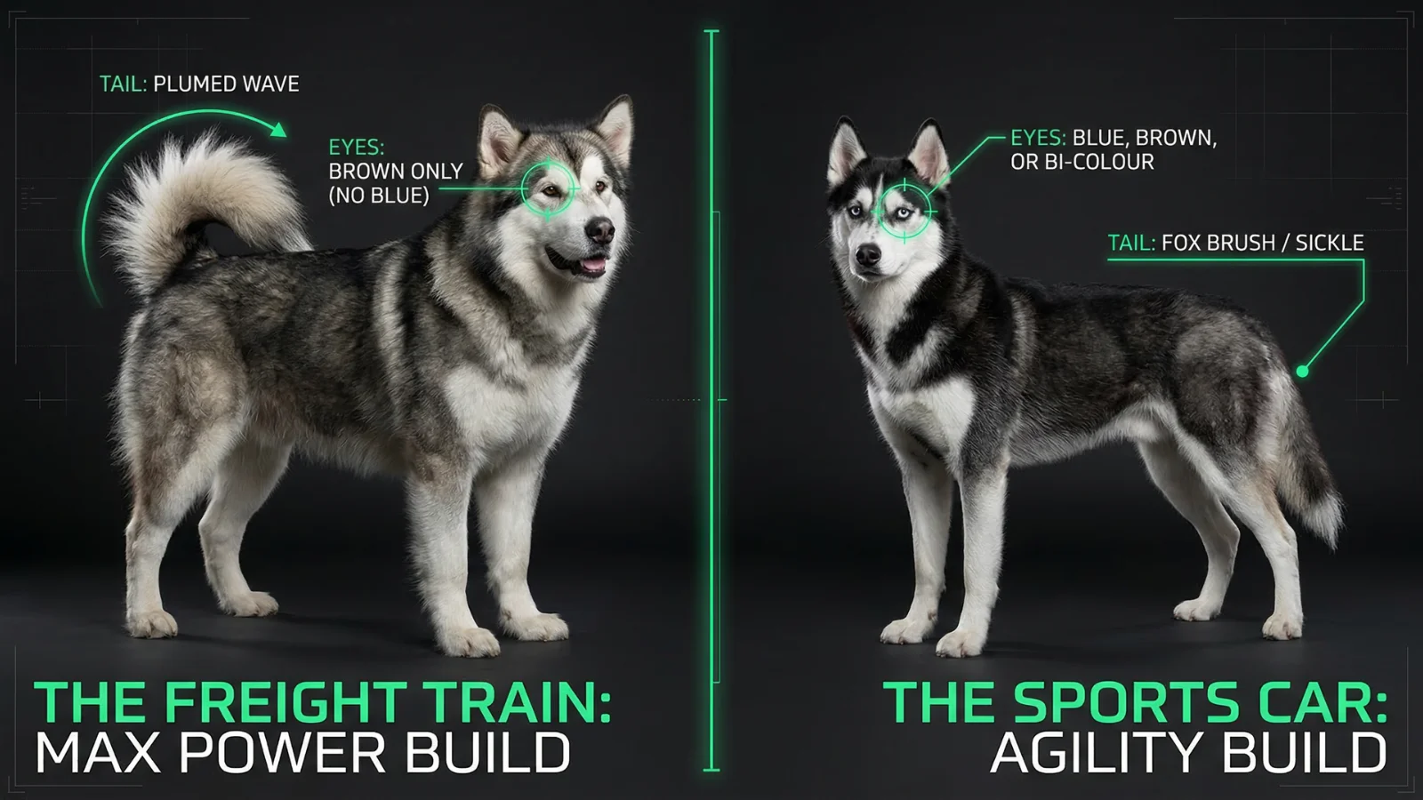 Malamute Dog vs Husky physical traits comparison showing the Malamute’s power build and the Husky’s agility-focused structure
