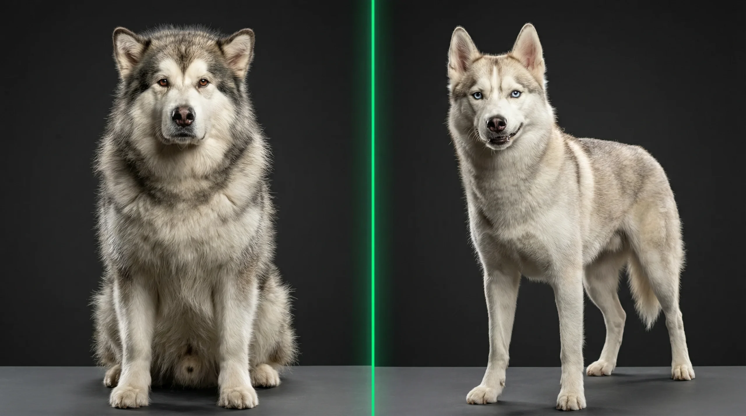 Malamute Dog vs Husky size and temperament comparison showing the larger Alaskan Malamute beside a leaner Siberian Husky