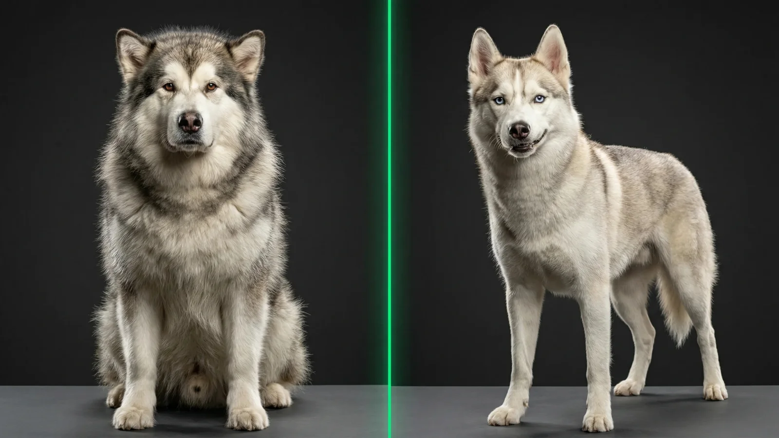 Malamute Dog vs Husky size and temperament comparison showing the larger Alaskan Malamute beside a leaner Siberian Husky