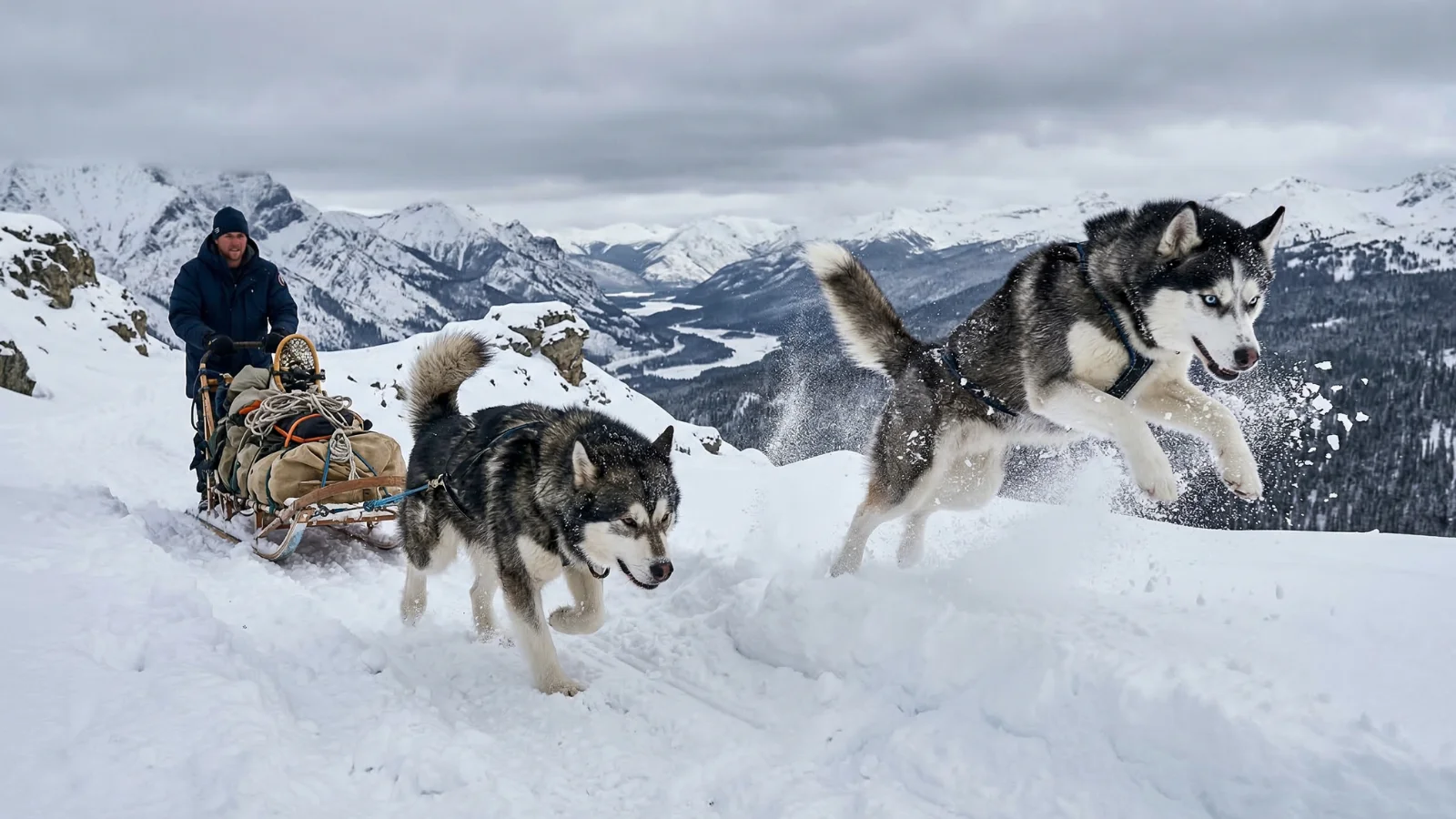 Malamute vs Husky size and strength comparison showing larger Malamutes and leaner Huskies pulling a sledge in snowy terrain
