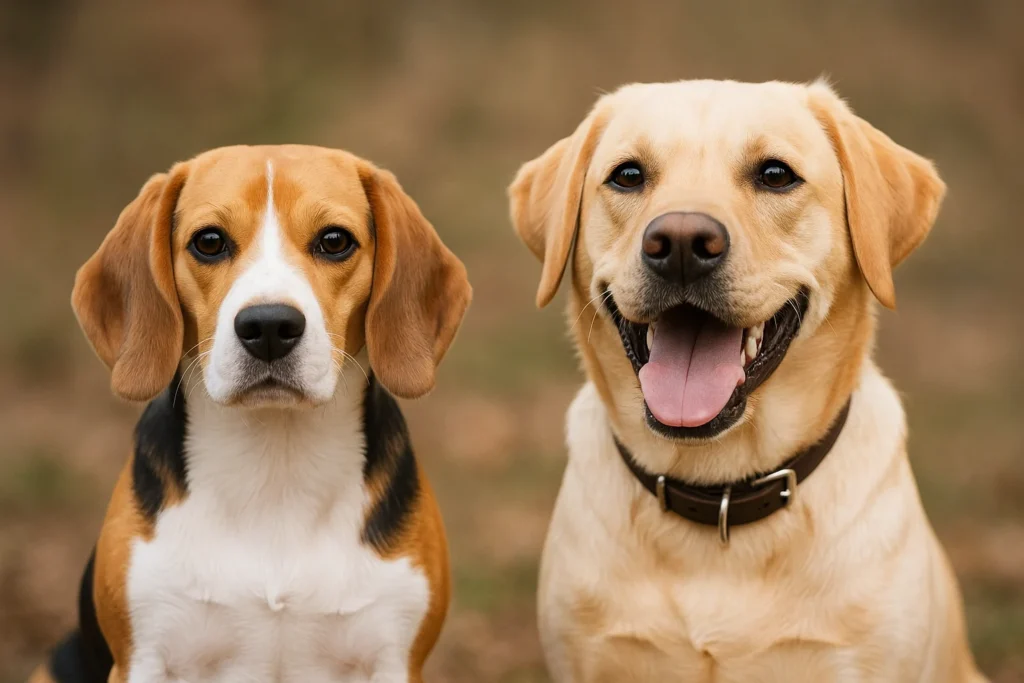 Beagle vs Labrador - side by side outdoors – friendly temperament comparison