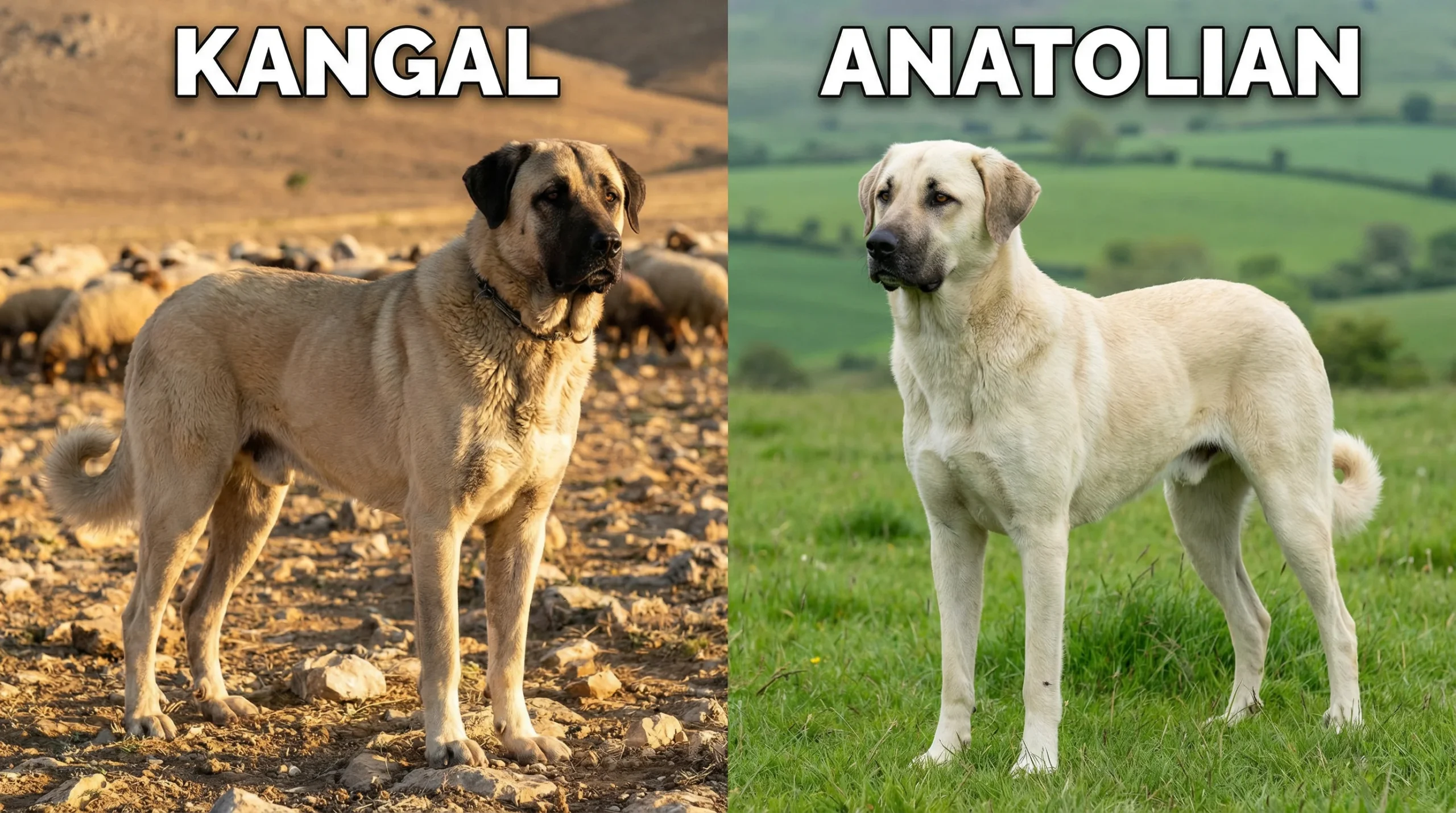 Kangal vs Anatolian Shepherd comparison showing size, build, and coat differences