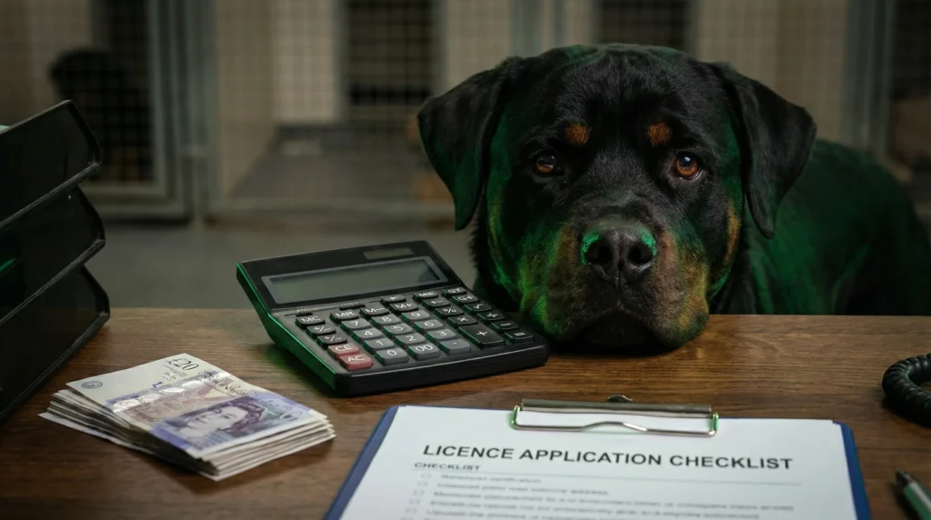 Cost of dog breeding licence in England illustrated by a Rottweiler beside a calculator, cash, and a licence application checklist.