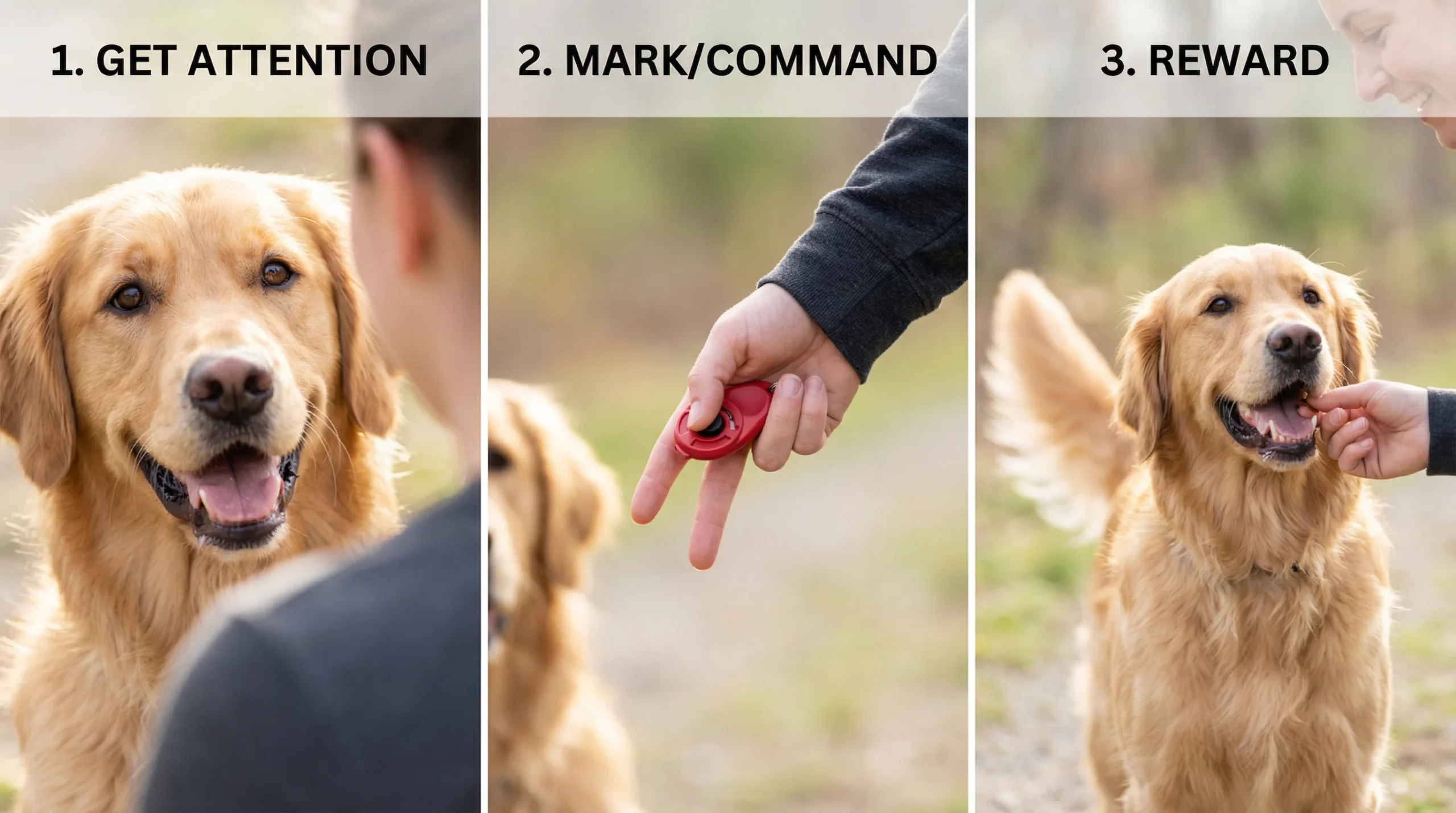 A three-step visual guide to the 123 dog training method showing a dog giving attention, a clicker being used to mark the command, and the dog receiving a treat.