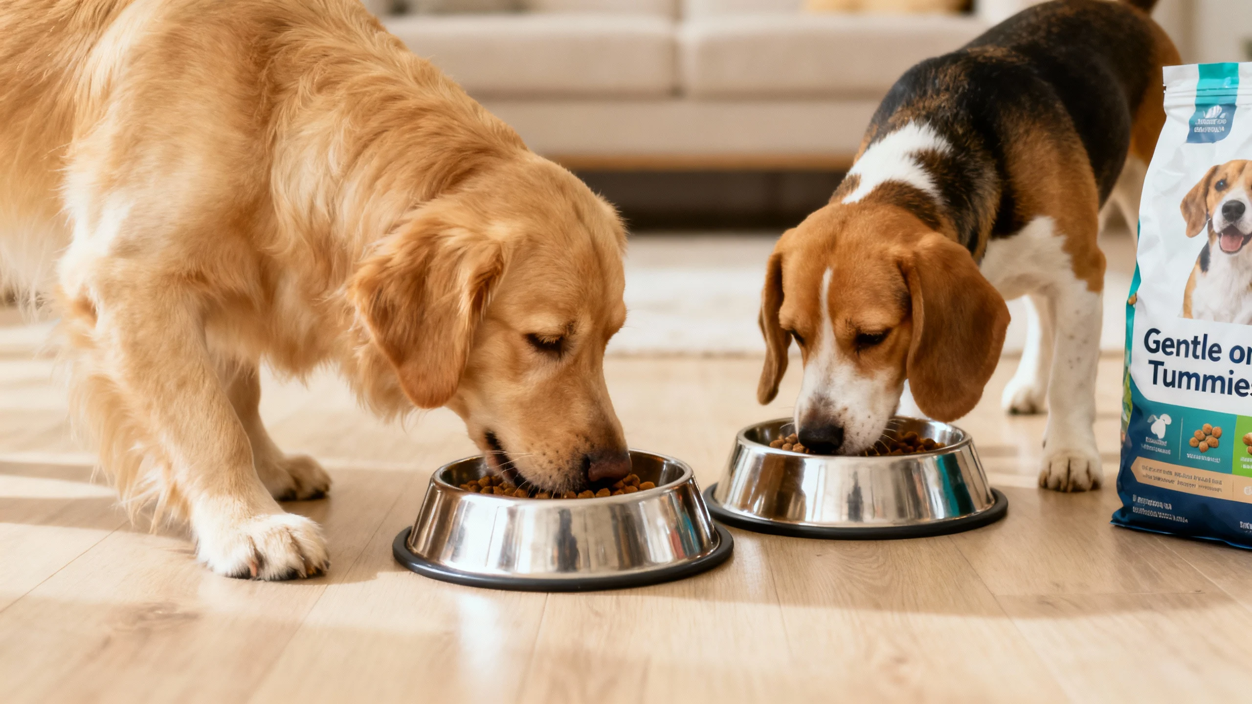 Best dog food for sensitive stomachs – golden retriever and beagle eating gentle food for dogs from stainless steel bowls