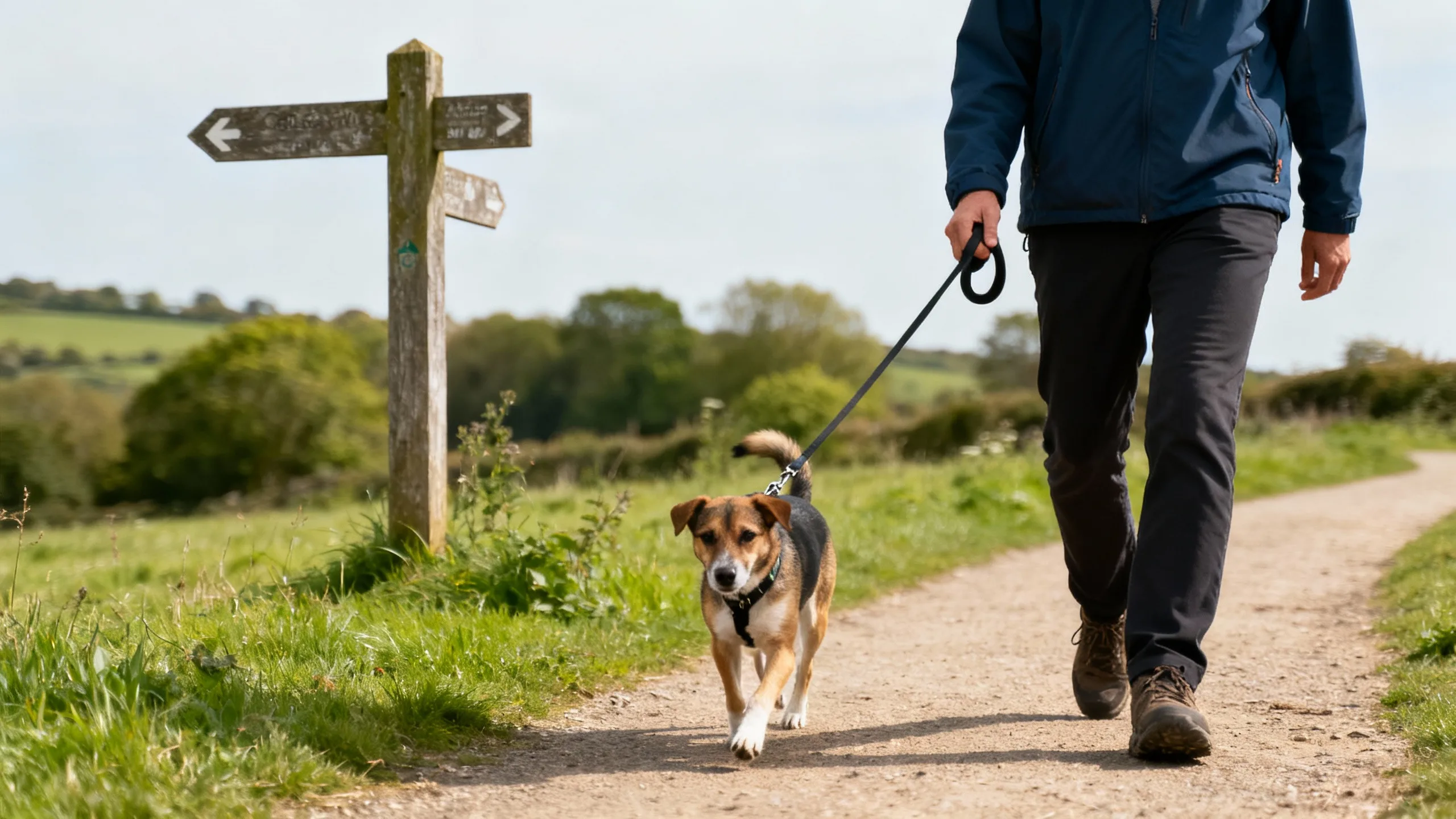 dog leash laws uk – dog walking on a lead in the British countryside beside an owner on a public footpath