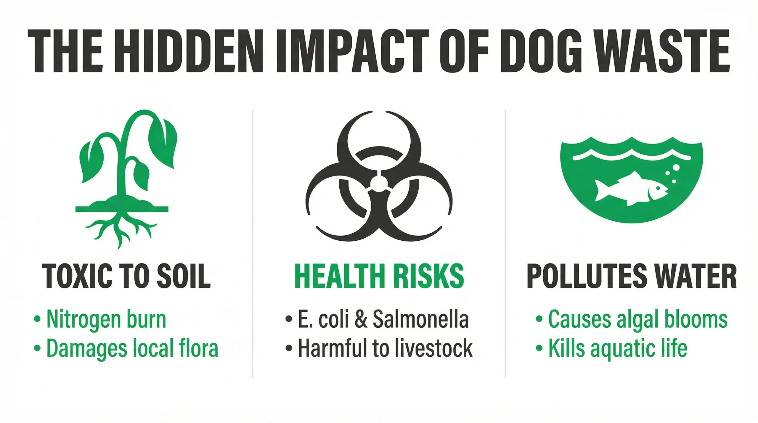 An infographic titled "The Hidden Impact of Dog Waste" displaying three risks: Soil Toxicity with a wilting plant icon, Health Risks with a biohazard icon, and Water Pollution with a fish icon, listing dangers like Salmonella and algal blooms.