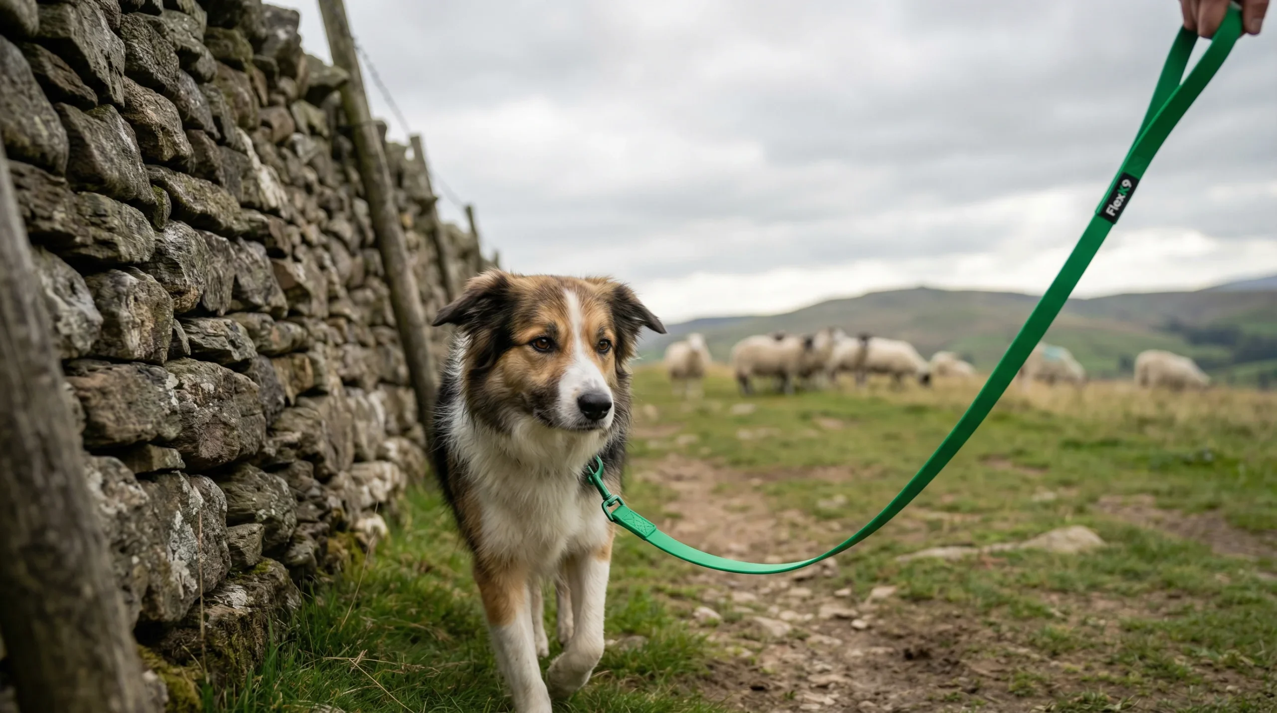 A dog walking calmly on a green lead next to a stone wall with sheep grazing in the background, complying with the UK Countryside Code.