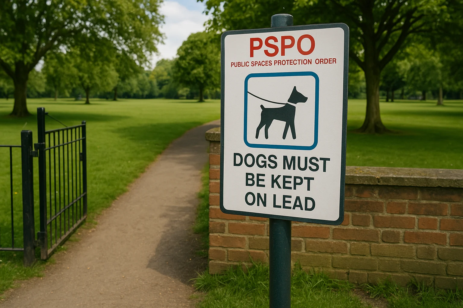 pspo-dogs-must-be-kept-on-lead-uk-park-flexk9 dog leash laws uk – PSPO sign in a British park stating dogs must be kept on a lead
