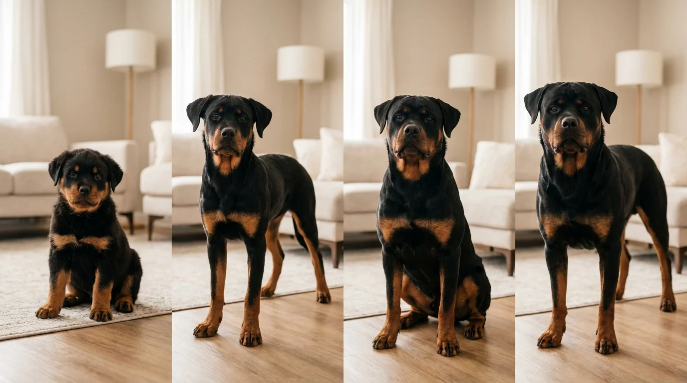 Rottweiler weight chart growth stages showing puppy to adult development in a UK home