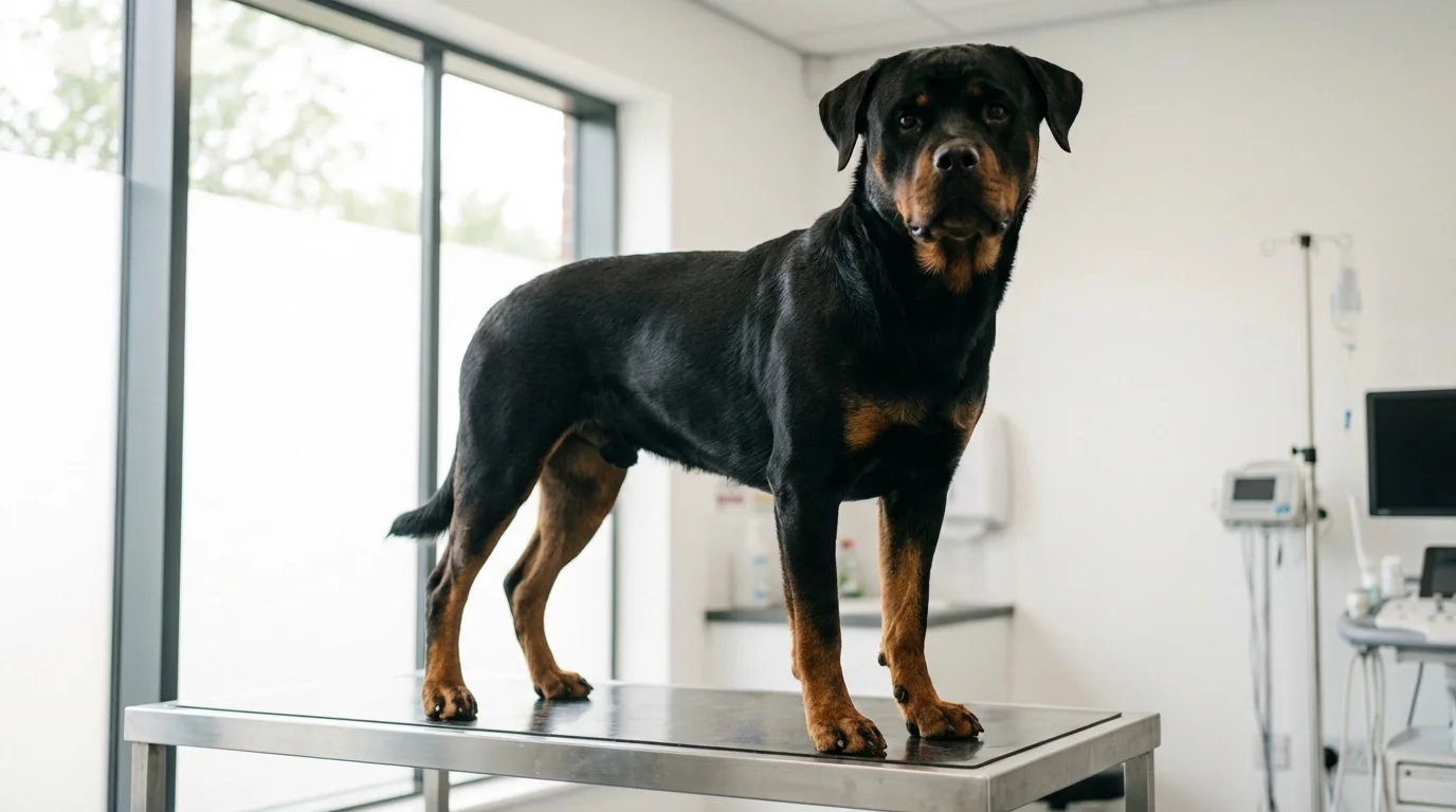 Rottweiler weight chart hero image showing a healthy Rottweiler standing on a vet scale in a UK clinic