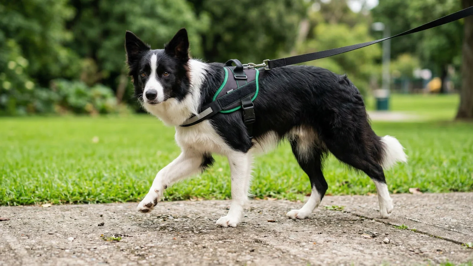 Border Collie walking on a concrete path to naturally wear down nails without clipping