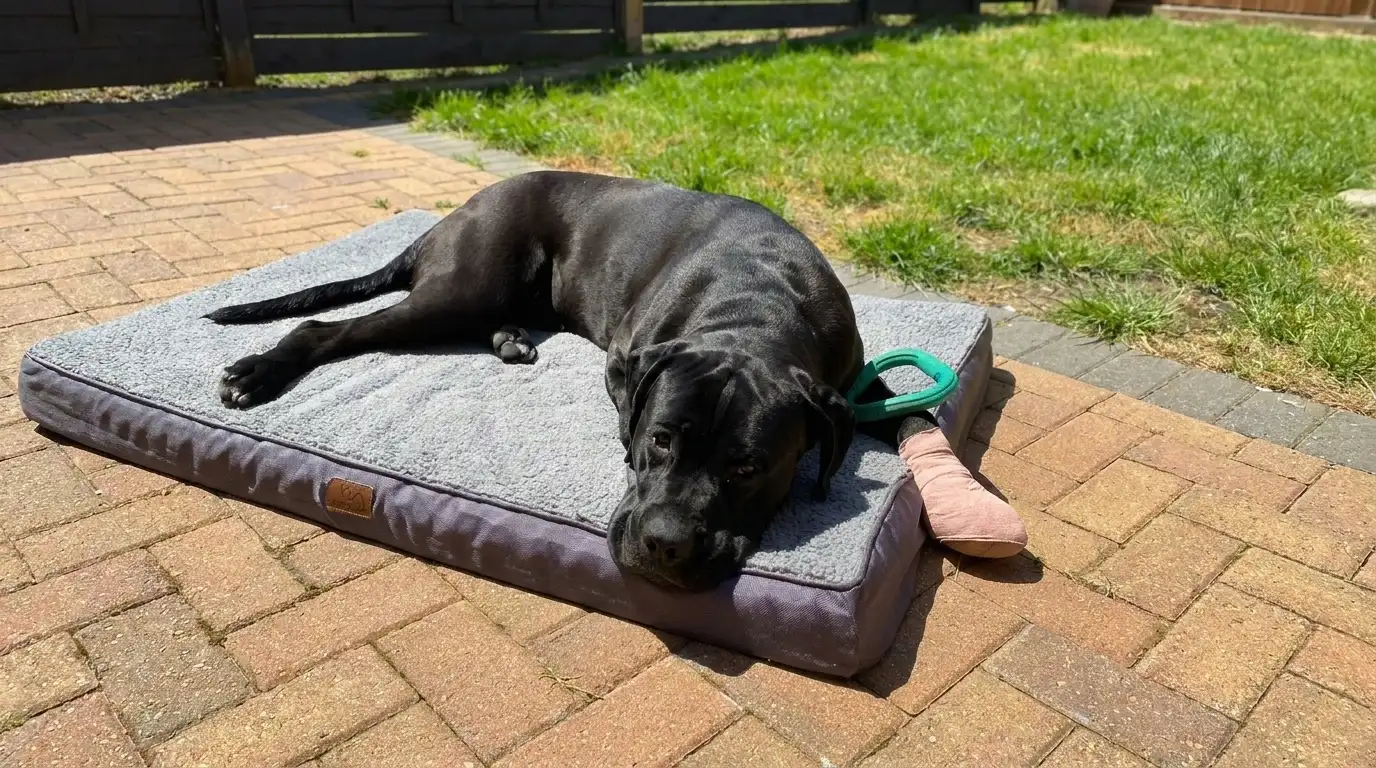 Cane Corso resting outdoors with a bandaged paw during broken nail recovery