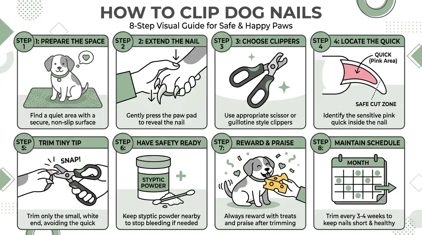 Infographic showing the key steps to clip a dog's nails safely, from preparing the space to identifying the quick and rewarding your dog afterward