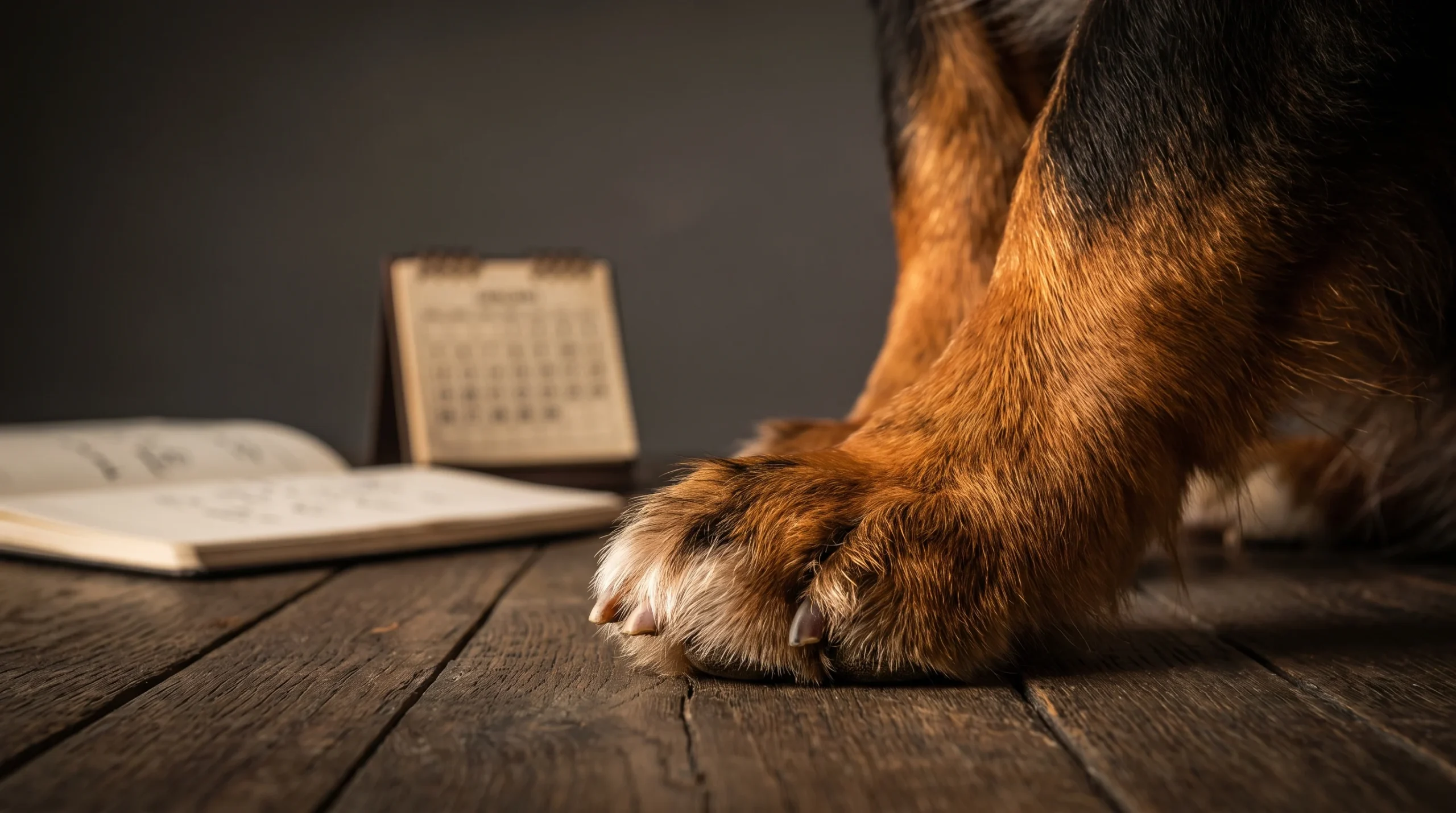 Dog's paw resting near a nail-trimming schedule, representing how often to clip dog nails