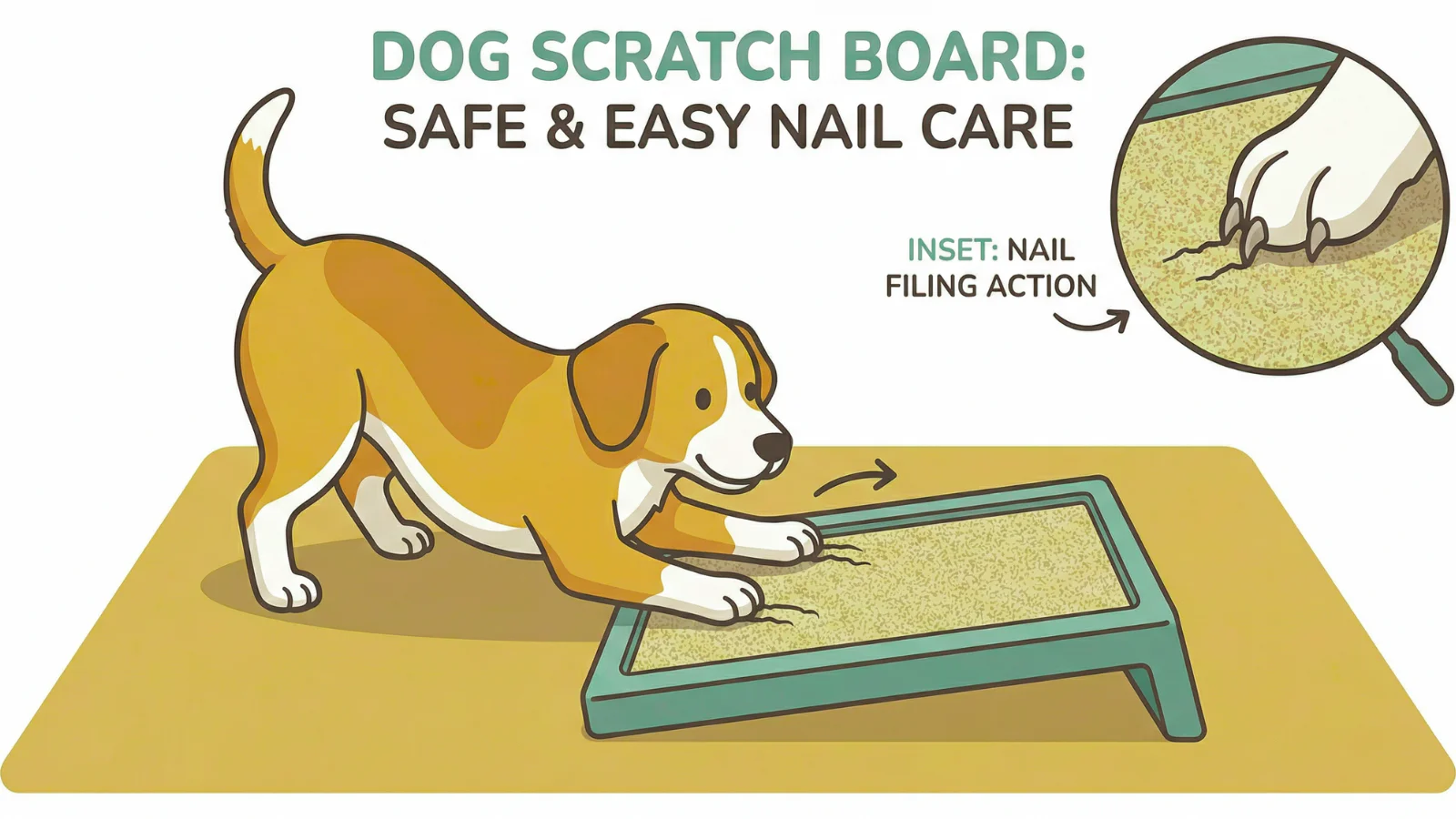 A dog actively using a textured scratch board to naturally file down its front nails indoors as a stress-free alternative to clippers.