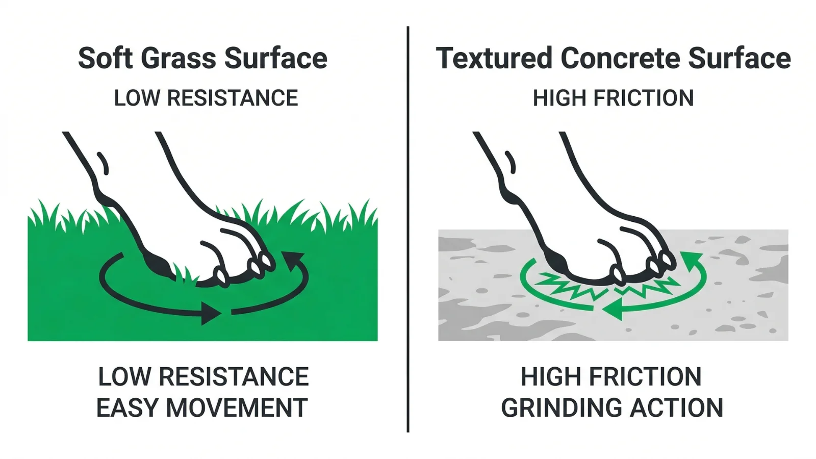 A comparison diagram showing a dog's paw on soft grass with low resistance versus textured concrete providing high friction for natural nail filing.