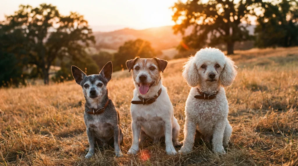 Three senior dogs sitting in a sunny field: a grey Chihuahua, a Jack Russell Terrier, and a white Toy Poodle, representing dogs with the longest lifespan.