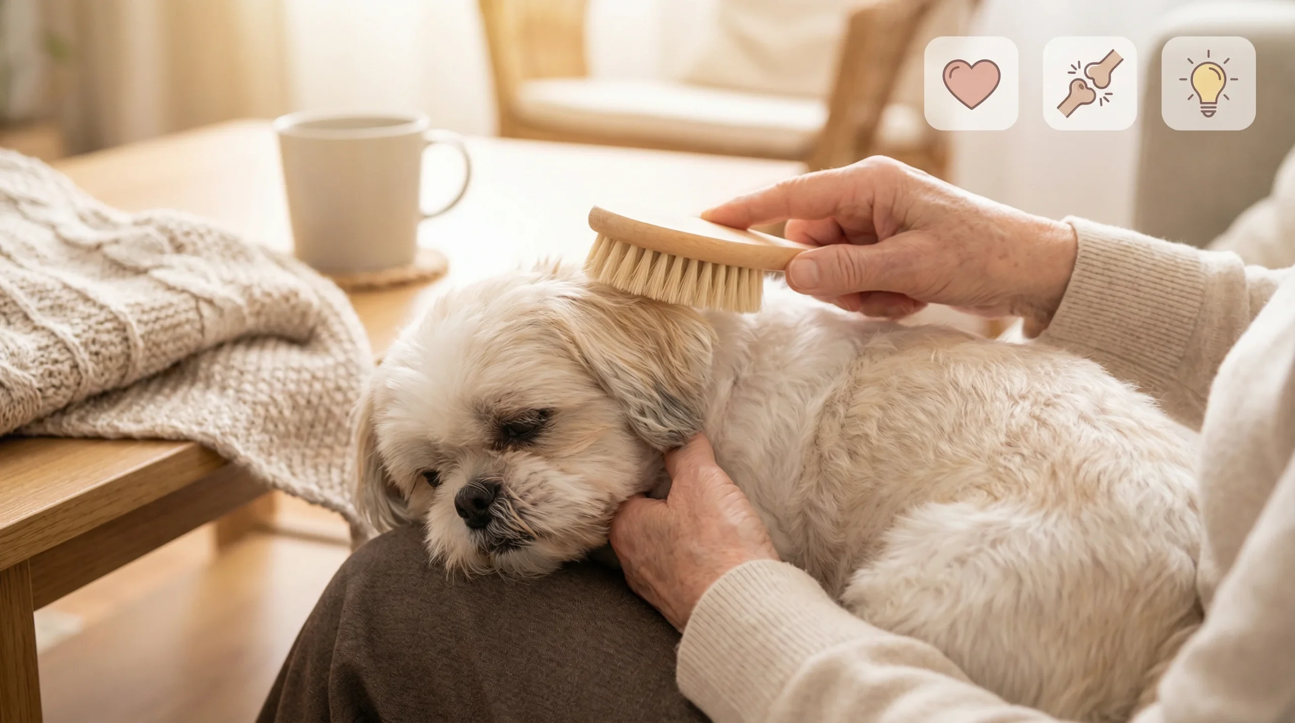 Dogs with longest lifespan shown receiving senior dog care such as grooming and joint support.